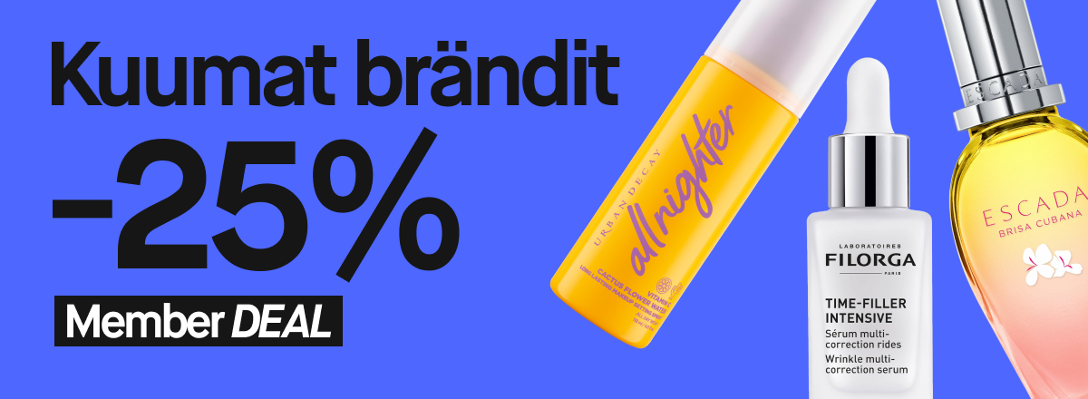 Kuva, jossa lukee "Kuumat brändit -25% Member DEAL" sinisellä taustalla. Oikealla puolella on kuvia tuotteista: Urban Decay All Nighter -meikinkiinnityssuihke, Filorga Time-Filler Intensive -seerumi ja Escada Brisa Cubana -hajuvesi.