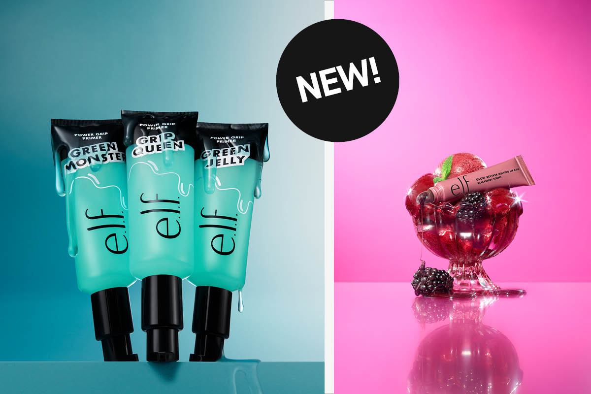 Kolme e.l.f. Power Grip Primer -tuubia rivissä vasemmalla, nimillä kuten "Green Monster" ja "Grip Queen". Oikealla on e.l.f. Glow Reviver Melting Lip Balm värissä "Blackberry Sorbet" asetettu sorbettikulhon ja karhunmarjojen päälle.