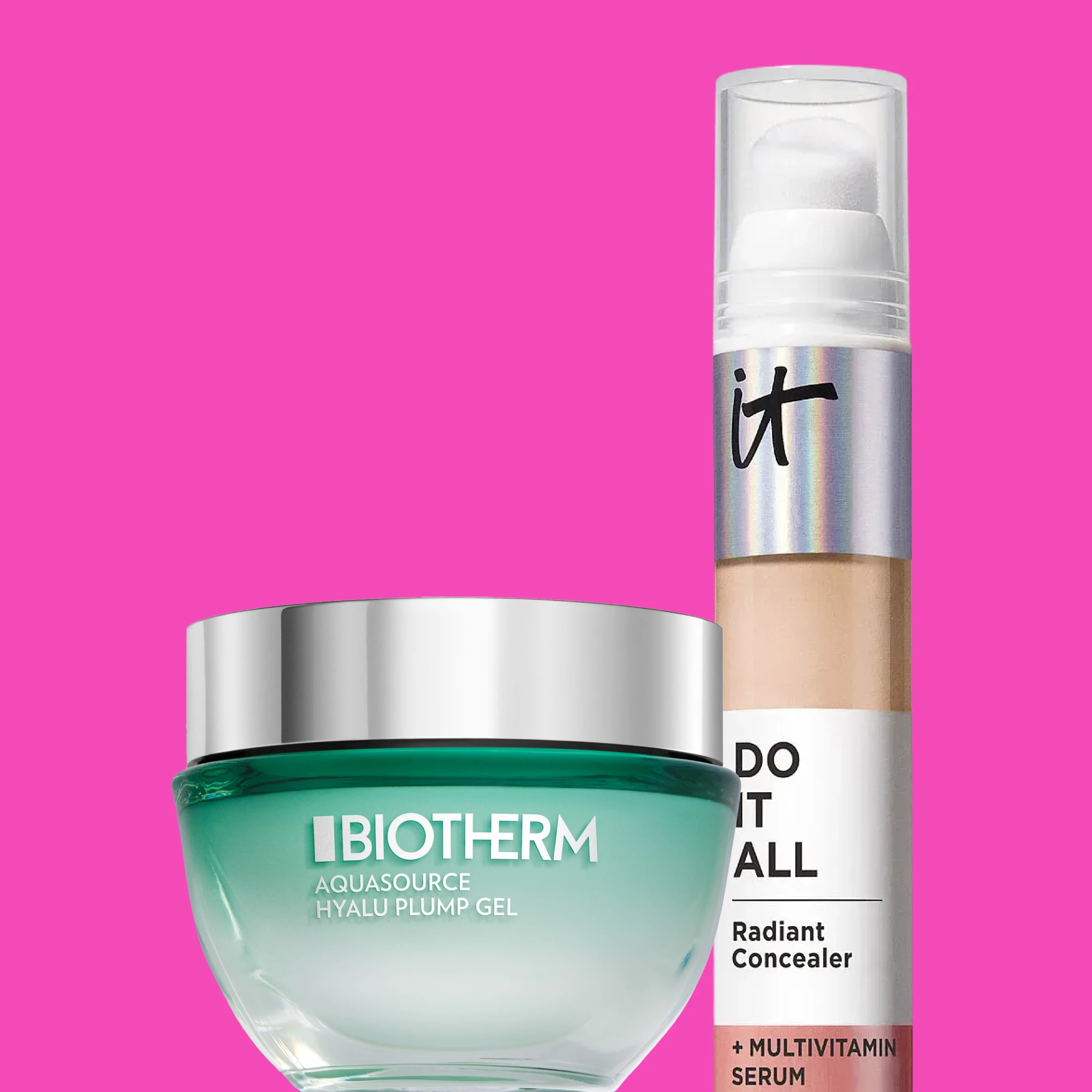 Rosa bakgrunn med flere Biotherm Aquasource Hyalu Plump Gel-krukker og IT Cosmetics Do It All Radiant Concealer arrangert i rutenett.