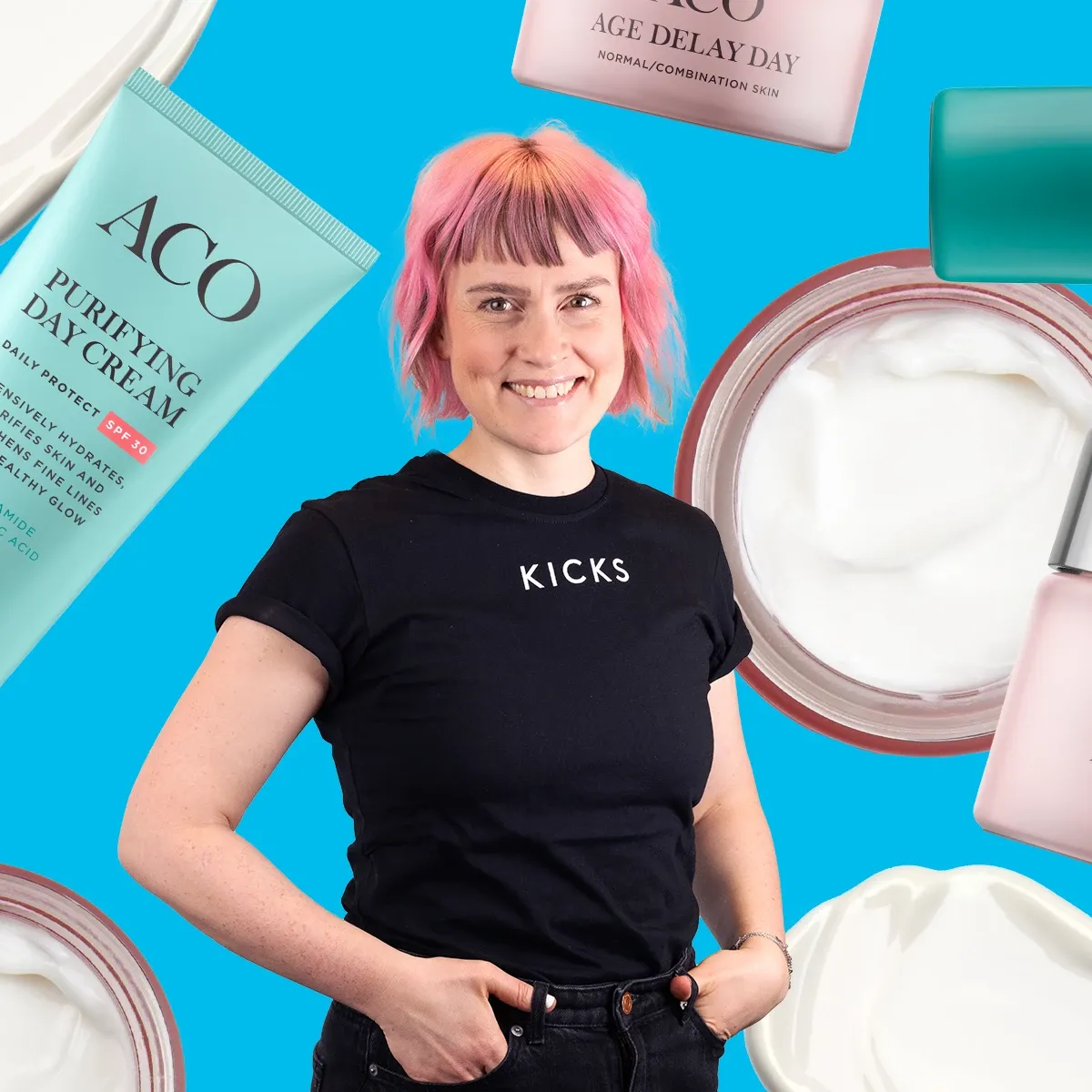 KICKS-medarbetare med rosa hår framför blå bakgrund omgiven av ACO-ansiktskrämer.