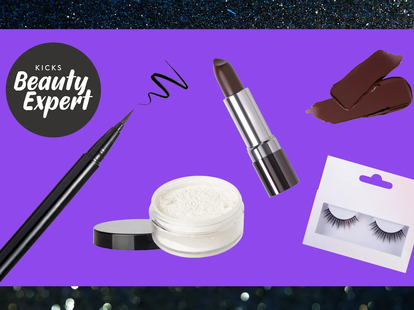 Ulike makeup-produkter mot en lilla bakgrunn, med en svart, glitrende ramme.