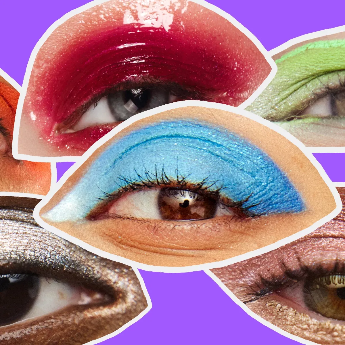 Urklippta närbilder på ögon och ögonmakeup i olika färger mot en lila bakgrund.