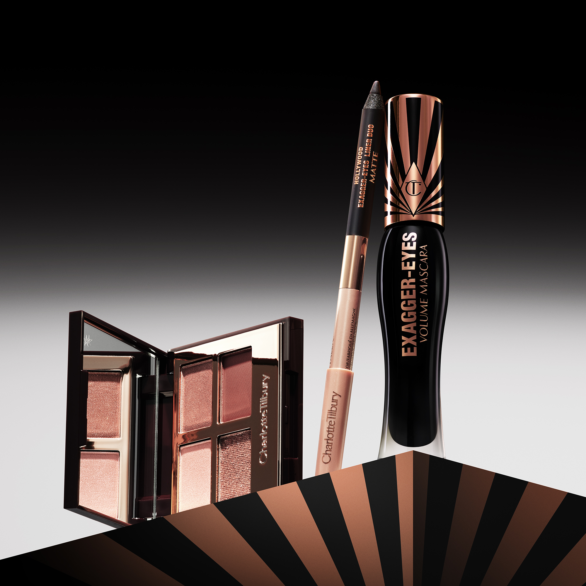 Charlotte Tilbury øyemakeup-produkter, inkludert øyenskyggepalett, eyeliner og mascara. 