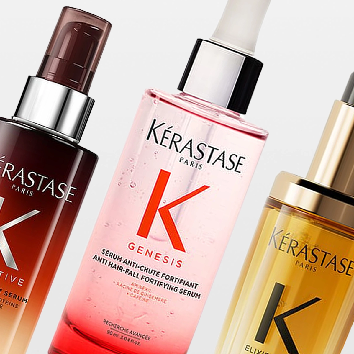 Produktbilde med tre hårpleieprodukter fra Kérastase. Tre gjennomsiktige flasker med pumpe i brune, rosa og gyldne nyanser, plassert ved siden av hverandre mot lys bakgrunn.