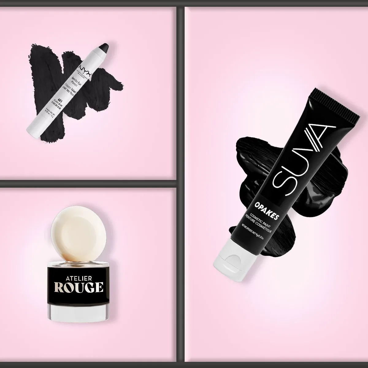 Tre svarte sminkeprodukter på rosa bakgrunn – kajal, kremøyenskygge og fargetube.