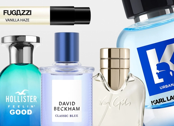 Neljä hajuvettä vierekkäin: Hollister Feelin’ Good turkoosissa pullossa, David Beckham Classic Blue vaaleansinisessä pullossa, Van Gils läpinäkyvässä pullossa kullanvärisellä korkilla sekä Karl Lagerfeld Urban Blue vaaleansinisessä pullossa. Ylhäällä näkyy myös teksti “FUGAZZI VANILLA HAZE”.