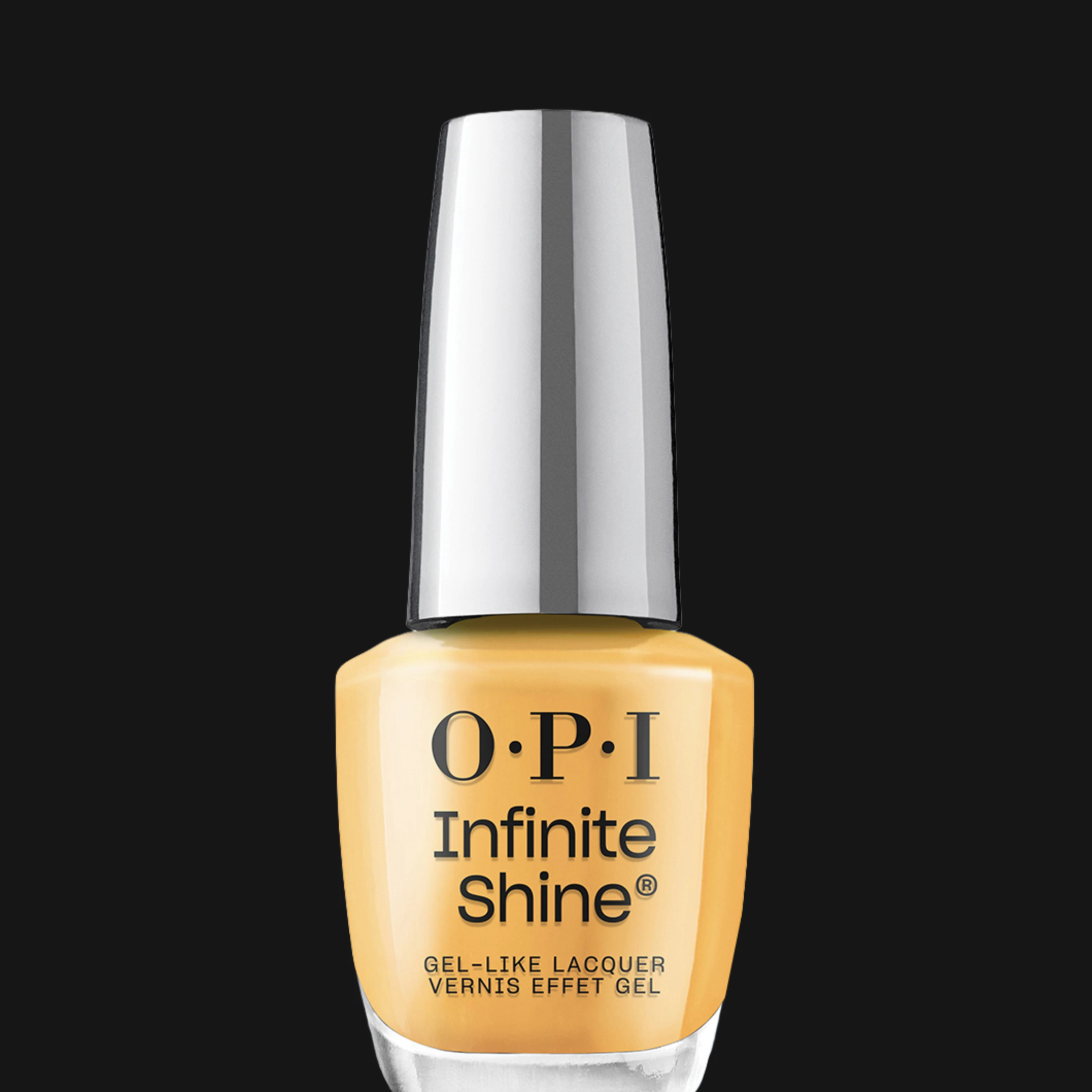 O.P.I Infinite Shine gel-liknande nagellack i gul nyans med texten "Infinite Shine" och "GEL-LIKE LACQUER".