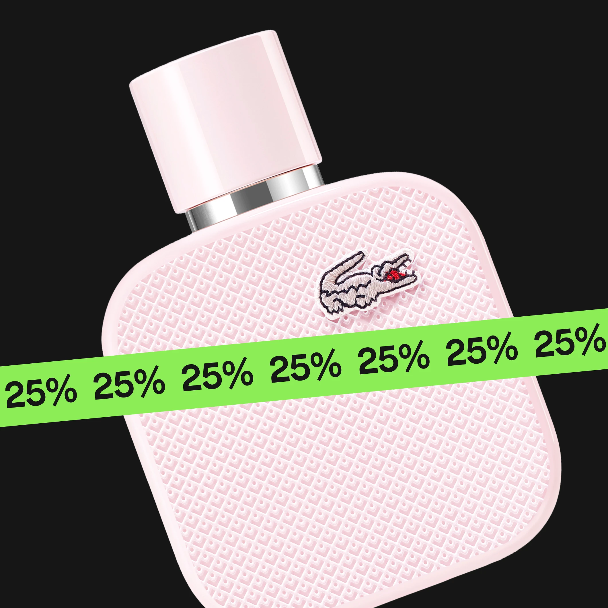 Lacoste-hajuvesipullo vaaleanpunaisena krokotiililogolla mustaa taustaa vasten, päällä vihreä nauha tekstillä "25%".
