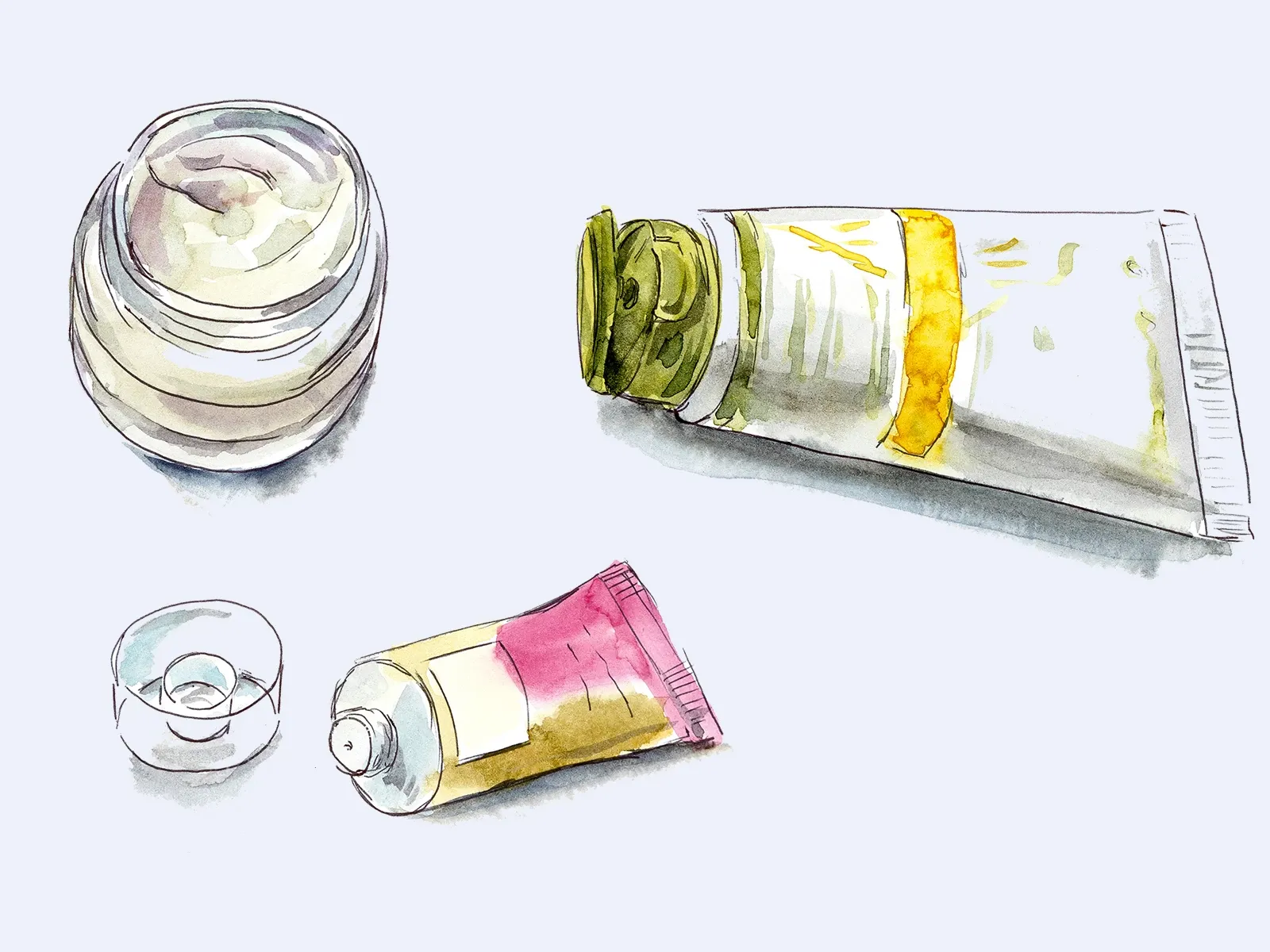 En illustrasjon av forskjellige kosmetiske produkter, inkludert en krukke med krem, en åpen krukke, en liten tube og en større tube.