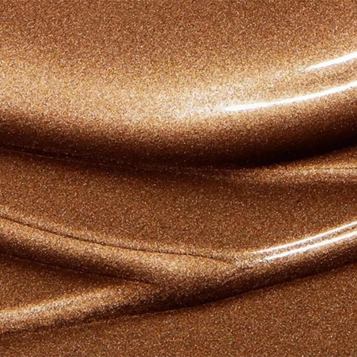 Close-up av en skimrende, metallisk bronseoverflate med jevne, flytende kurver og glinsende høydepunkter.
