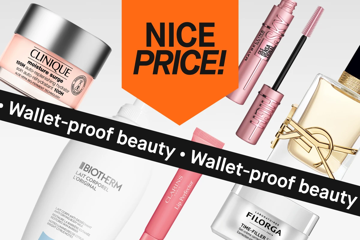 Erilaisia kosmetiikkatuotteita, kuten Clinique kosteusvoide, Maybelline ripsiväri, Biotherm vartalovoide, Clarins huulivoide, Filorga kasvovoide ja Yves Saint Laurent hajuvesi. Teksti 'Nice Price!' ja 'Wallet-proof beauty'