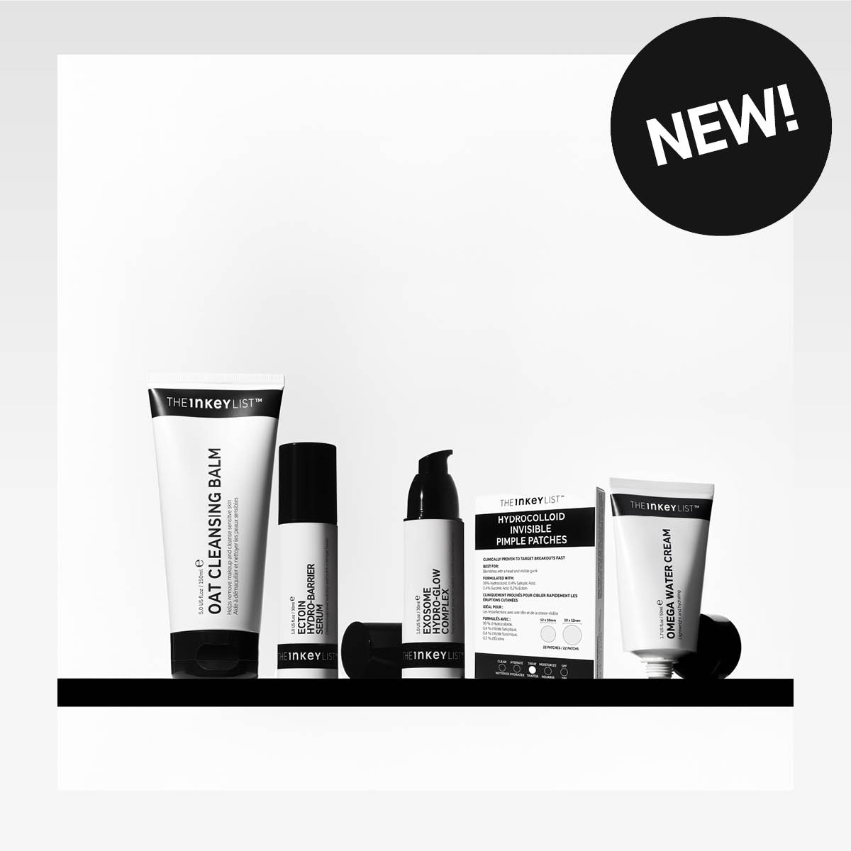 Viisi The Inkey List -ihonhoitotuotetta aseteltuna vierekkäin. Tuotteet ovat Oat Cleansing Balm, Fulvic Acid Brightening Cleanser, Hyaluronic Acid Serum, Hydrocolloid Invisible Pimple Patches ja Omega Water Cream. Kuvassa näkyy myös teksti "NEW!"