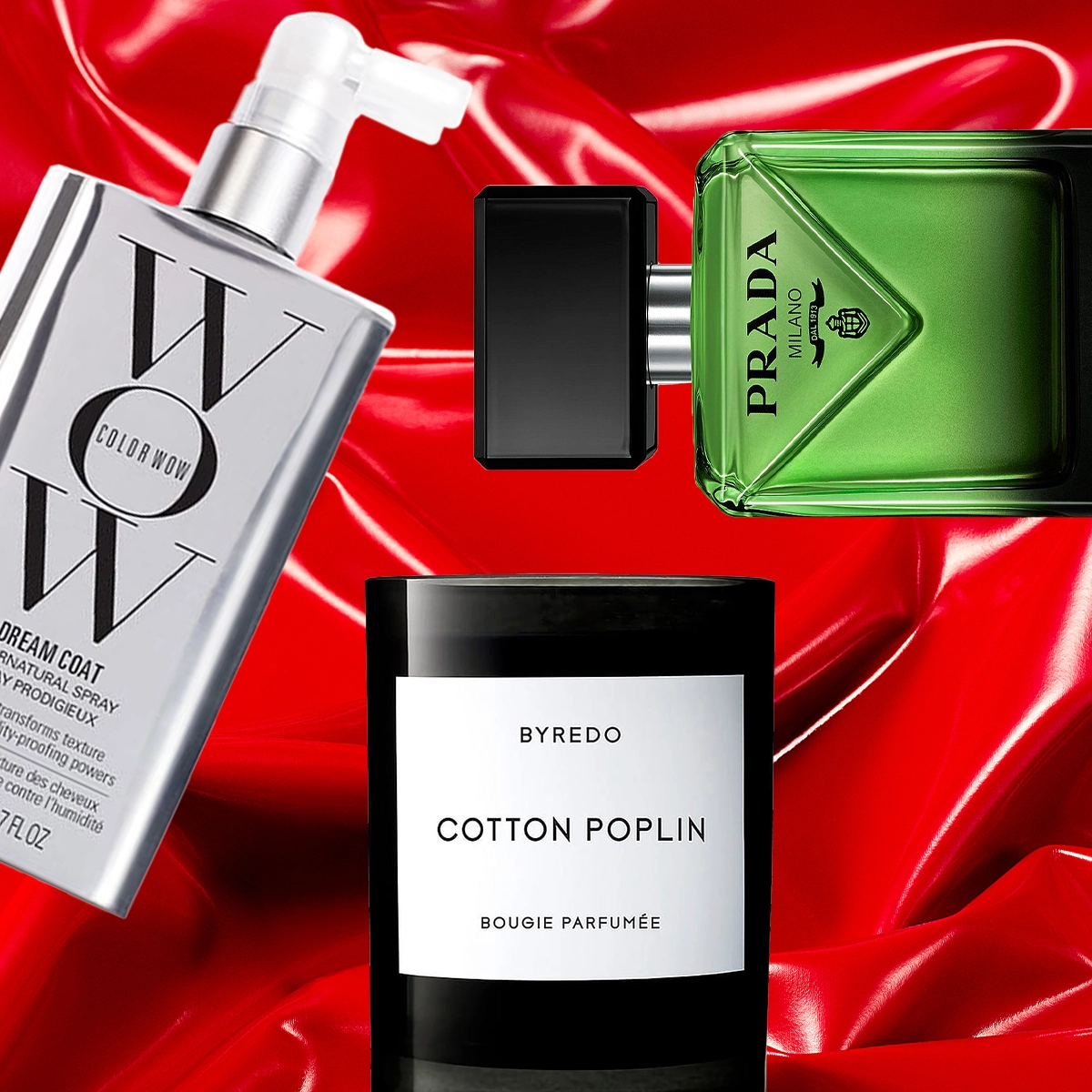 Tre produkter mot en röd bakgrund. En grön parfymflaska från Prada, en silvrig sprayflaska från Color WOW samt ett svart ljus med vit etikett från Byredo