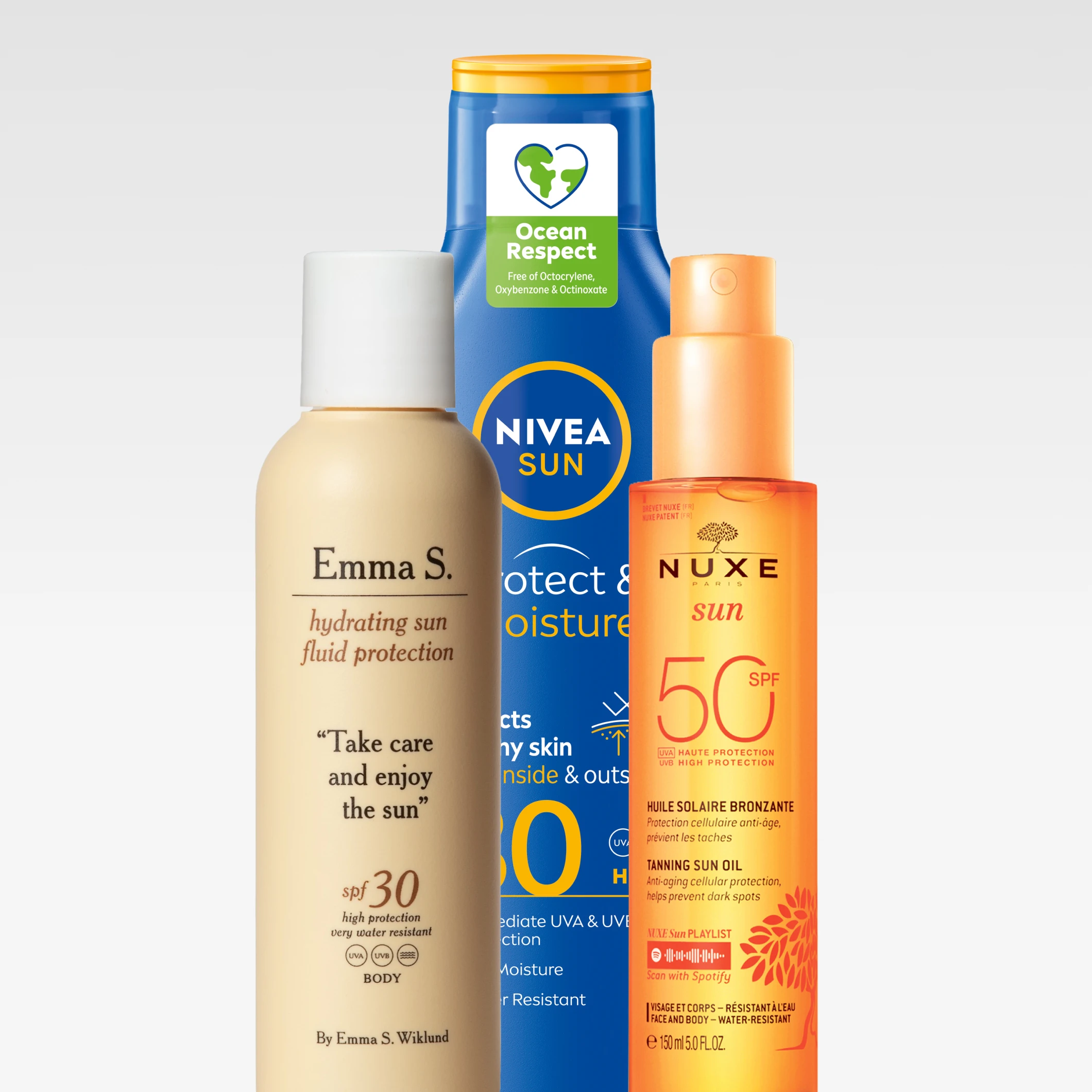 Solskyddsprodukter från NIVEA Sun Protect & Moisture SPF 30, Emma S. Hydrating Sun Fluid Protection SPF 30 och NUXE Sun SPF 50 visas tillsammans med märkningen “Ocean Respect”.