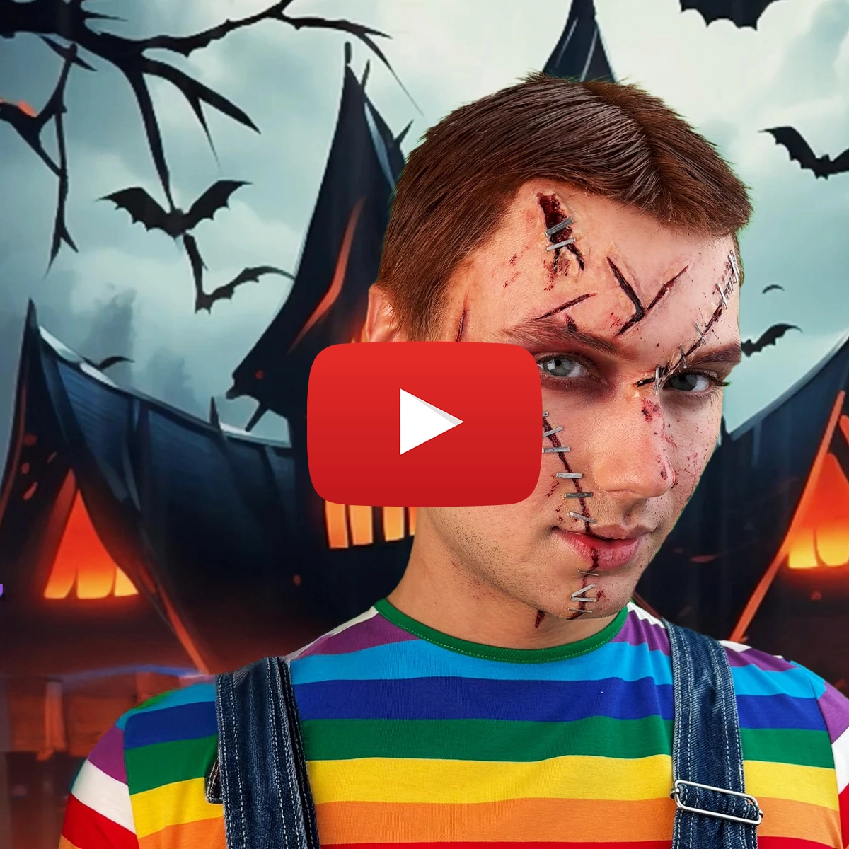 En person i en regnbuestripet genser foran en halloweenbakgrunn med flaggermus og hus, med en YouTube-logo over ansiktet.