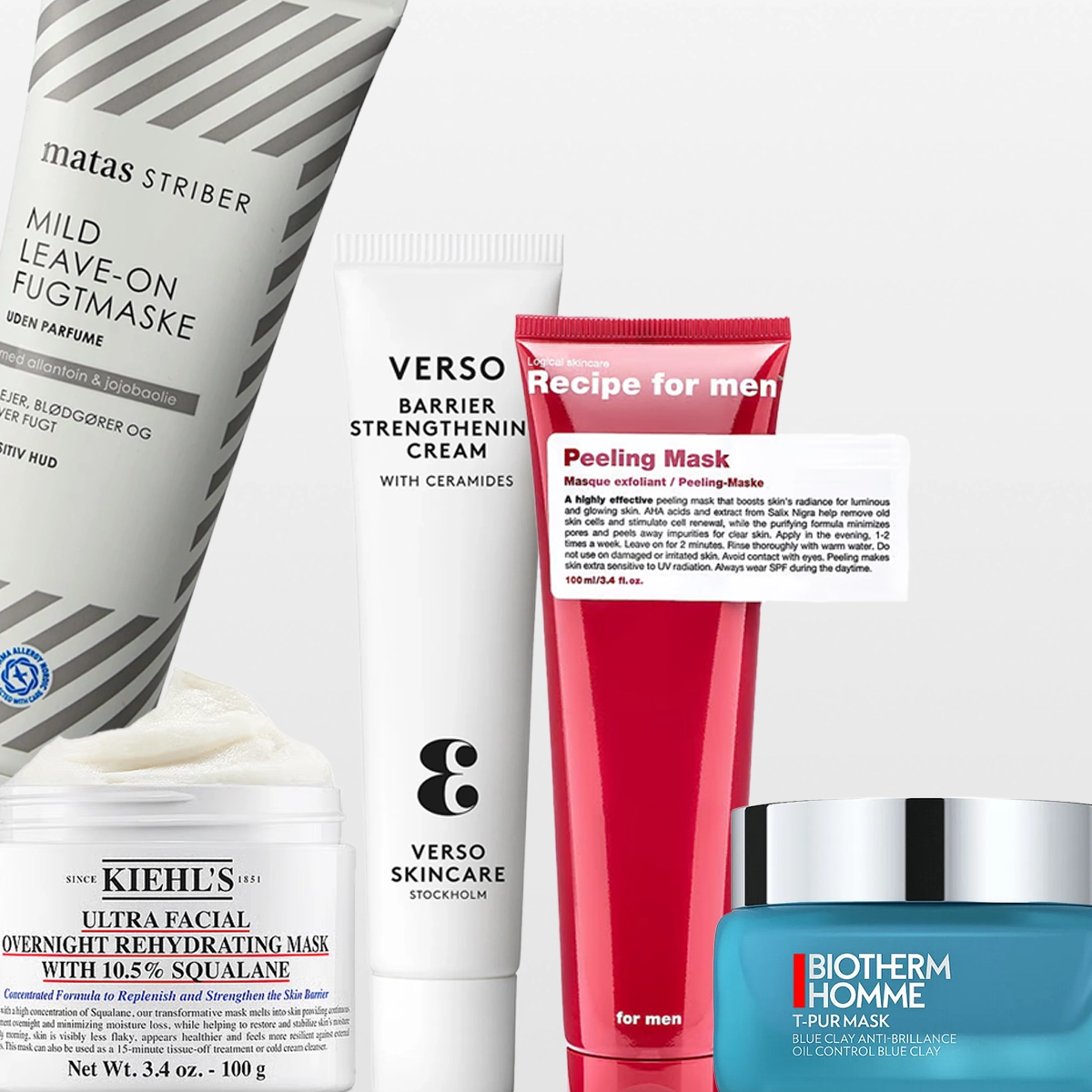 Skincareprodukter uppställda tillsammans: Matas Striber Mild Leave-On Fugtmaske, Kiehl’s Ultra Facial Overnight Rehydrating Mask with 10.5% Squalane i burk, Verso Skincare Barrier Strengthening Cream med ceramider, Recipe for men Peeling Mask och Biotherm Homme T-Pur Mask Blue Clay Oil Control Blue Clay.