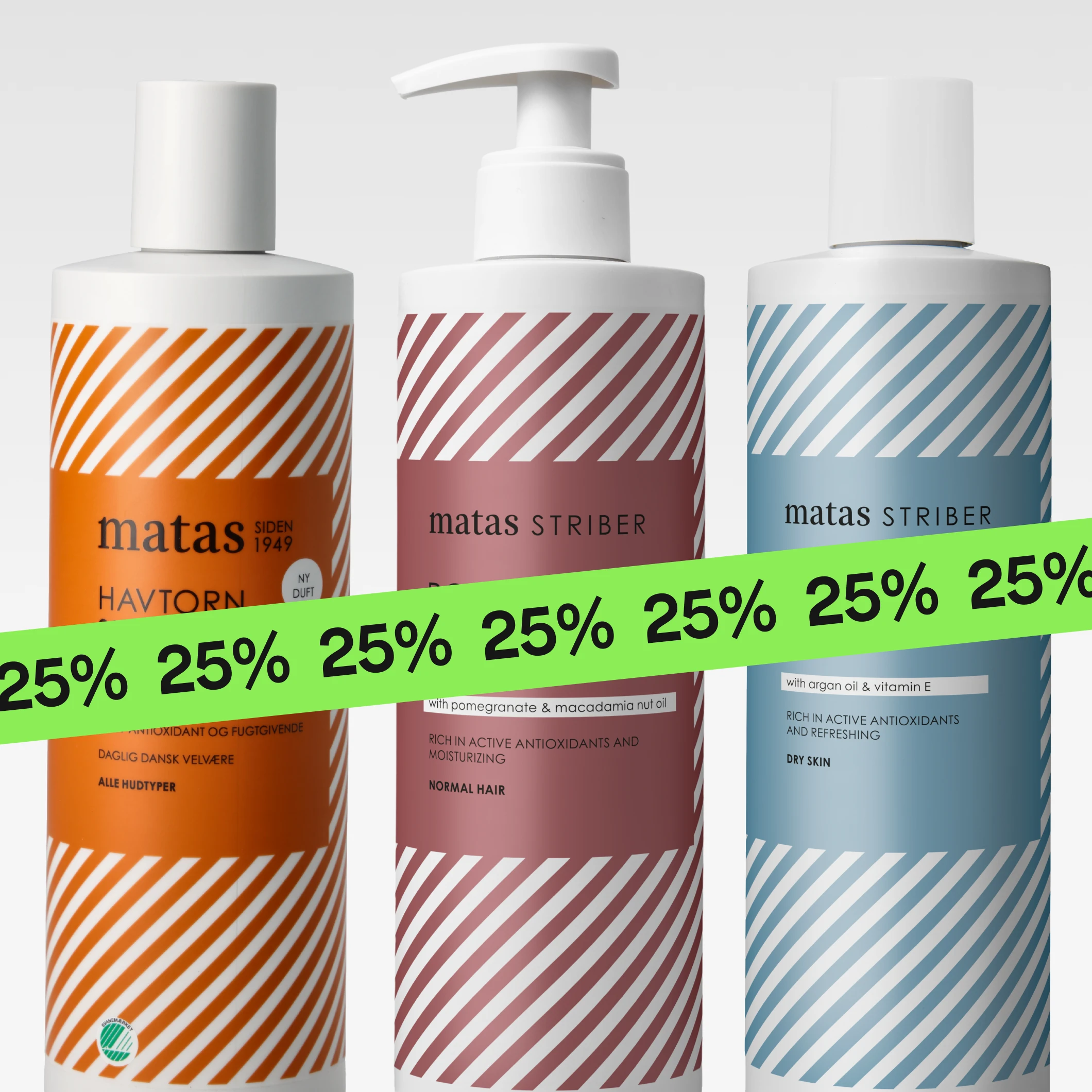 Tre kroppsvårdsprodukter från Matas Striber i orange, rosa och blå förpackningar visas med diagonal randdesign och text som “Havtorn Showergel”, “Pomegranate Body Lotion” och “Argan Shower Oil”. En grön banner med upprepad text “25%” ligger över produkterna.