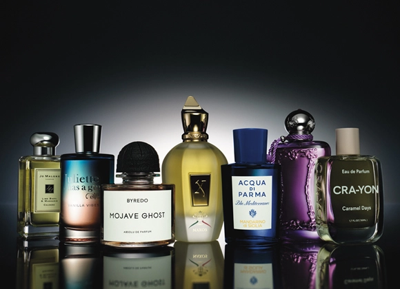 En rad parfymflaskor i olika former och färger, elegant uppställda mot en mörk bakgrund med ljusreflektion.