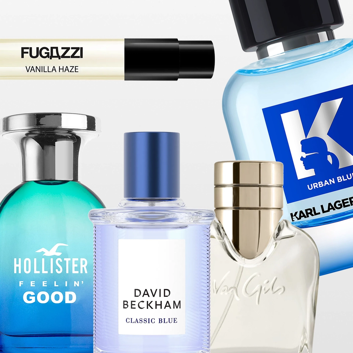 Fire parfymeflasker side om side: Hollister Feelin’ Good i turkis flaske, David Beckham Classic Blue i lyseblå flaske, Van Gils i transparent flaske med gullfarget kork og Karl Lagerfeld Urban Blue i lyseblå flaske. Øverst vises også teksten “FUGAZZI VANILLA HAZE”.