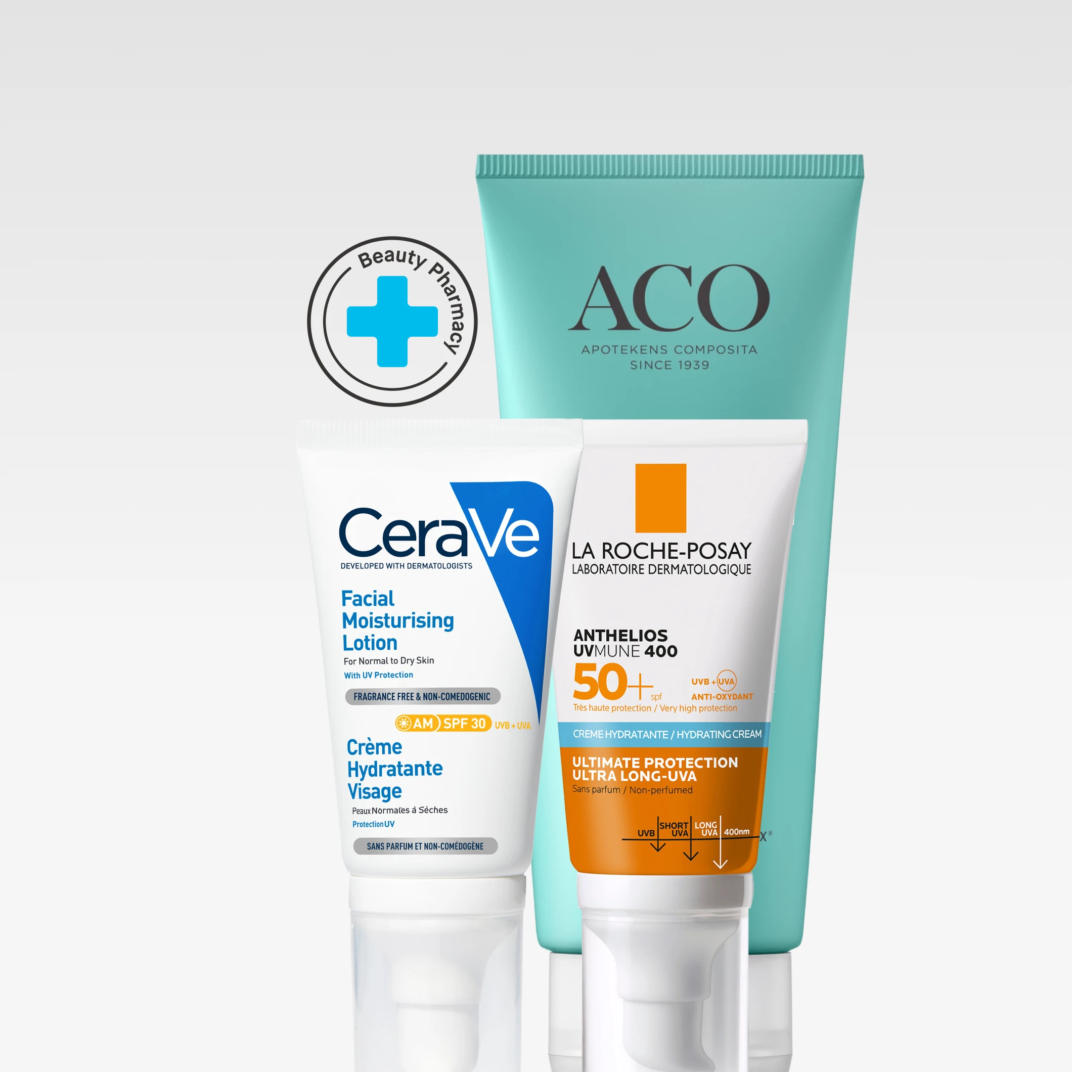 Tre dermatologiska solprodukter från ACO, CeraVe och La Roche-Posay mot ljus bakgrund samt rund symbol med texten Beauty Pharmacy och blått kors.