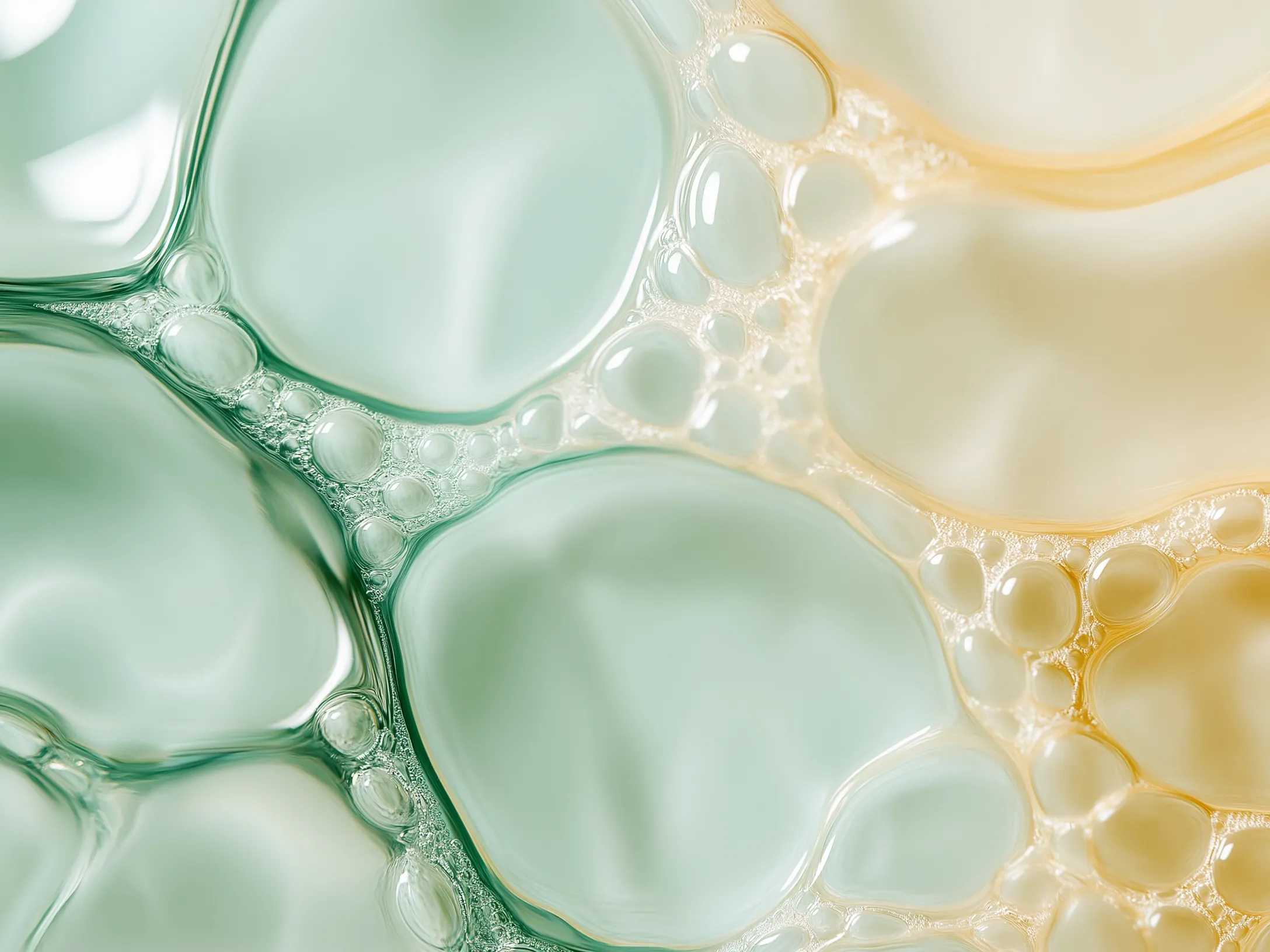 Närbild på gröna och gula bubblor, exfolierande syror.