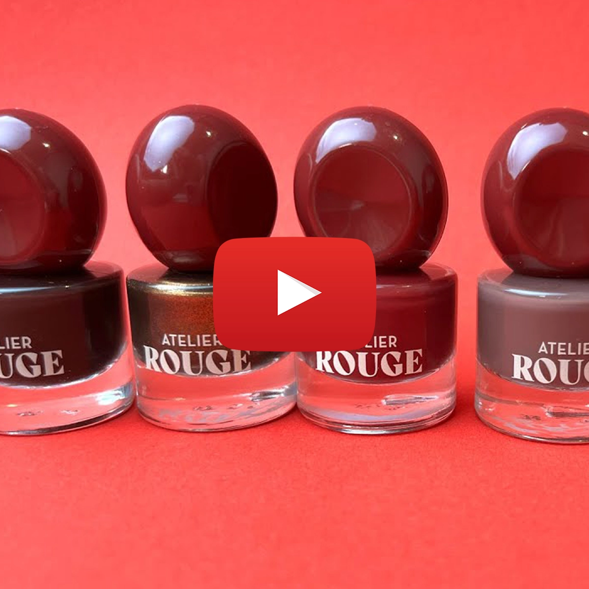 fem produkter av atelier rouge placerade bredvid varandra mot en röd bakgrund.