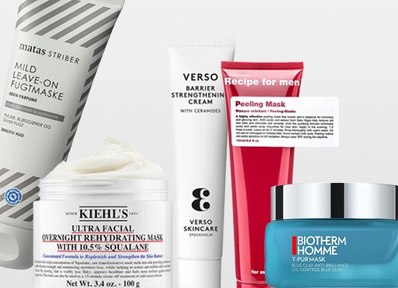 Skincareprodukter uppställda tillsammans: Matas Striber Mild Leave-On Fugtmaske, Kiehl’s Ultra Facial Overnight Rehydrating Mask with 10.5% Squalane i burk, Verso Skincare Barrier Strengthening Cream med ceramider, Recipe for men Peeling Mask och Biotherm Homme T-Pur Mask Blue Clay Oil Control Blue Clay.