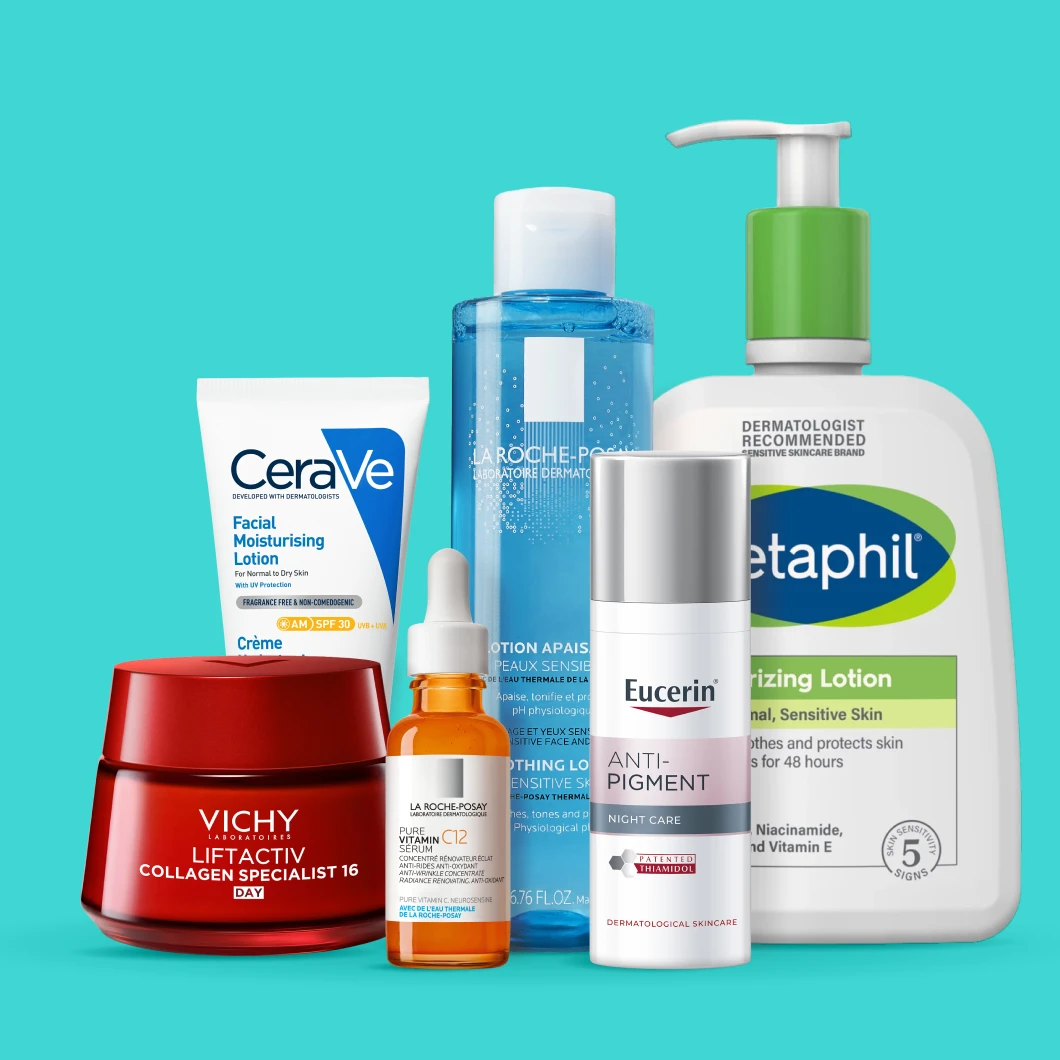 CeraVe Facial Moisturising Lotion SPF 30, La Roche-Posay Soothing Lotion, Cetaphil Moisturizing Lotion, Vichy Liftactiv Collagen Specialist 16 Day, La Roche-Posay Pure Vitamin C12 Serum och Eucerin Anti-Pigment Night Care visas mot en turkos bakgrund. På förpackningarna syns respektive produktnamn och varumärken.