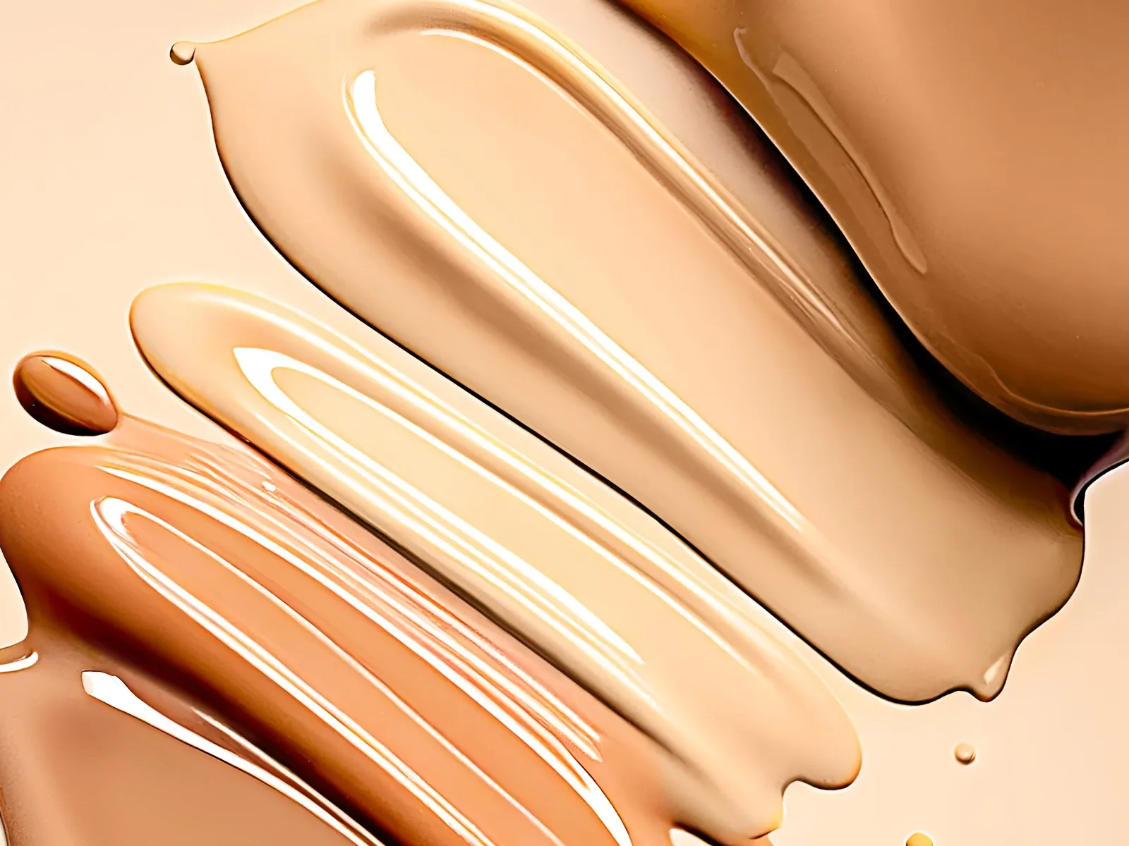 Foundation i brune nyanser, spredd utover et beige underlag.