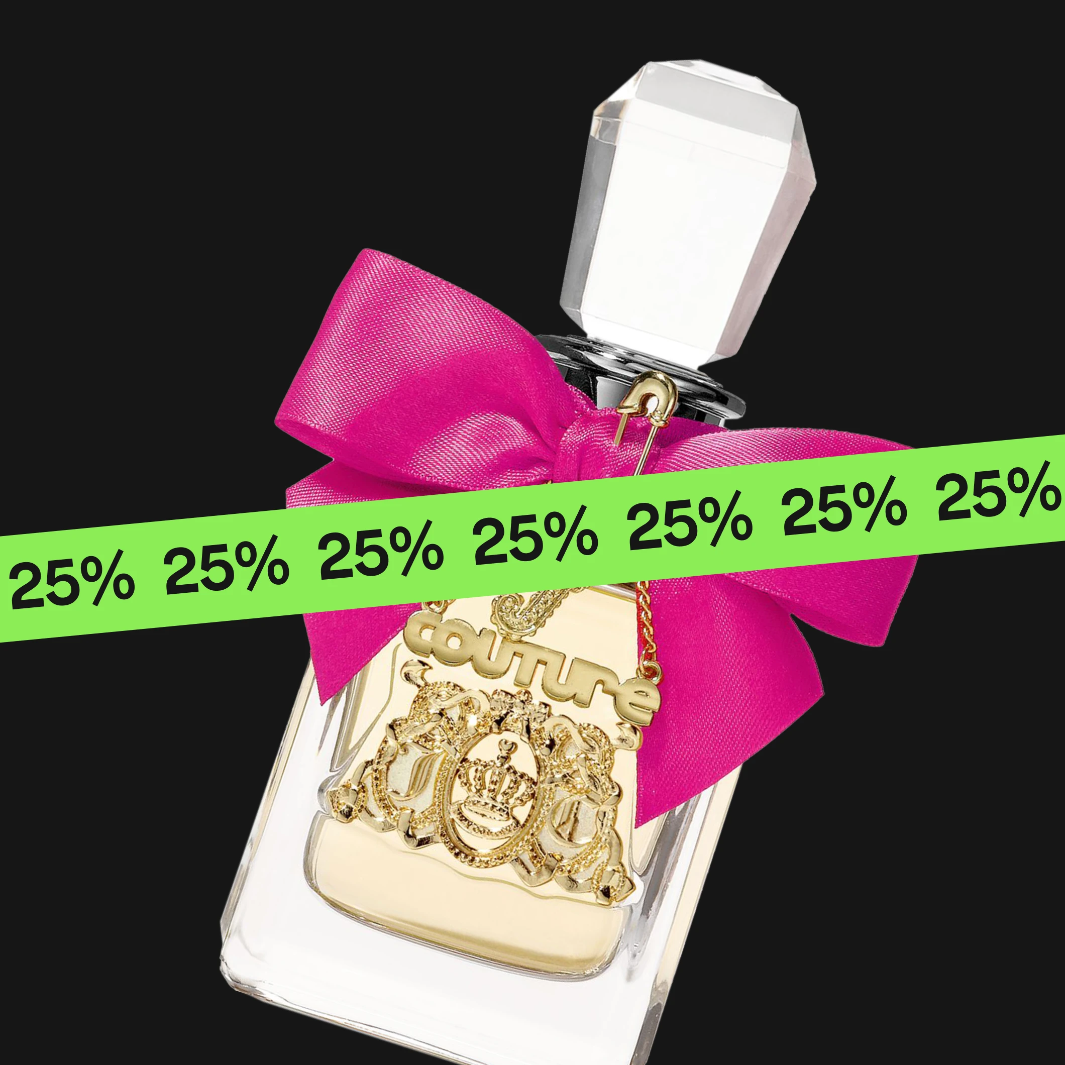 Juicy Couture -hajuvesipullo vaaleanpunaisella rusetilla ja kultaisilla yksityiskohdilla mustaa taustaa vasten, riippuvassa korussa teksti "couture" sekä vihreä nauha tekstillä "25%".