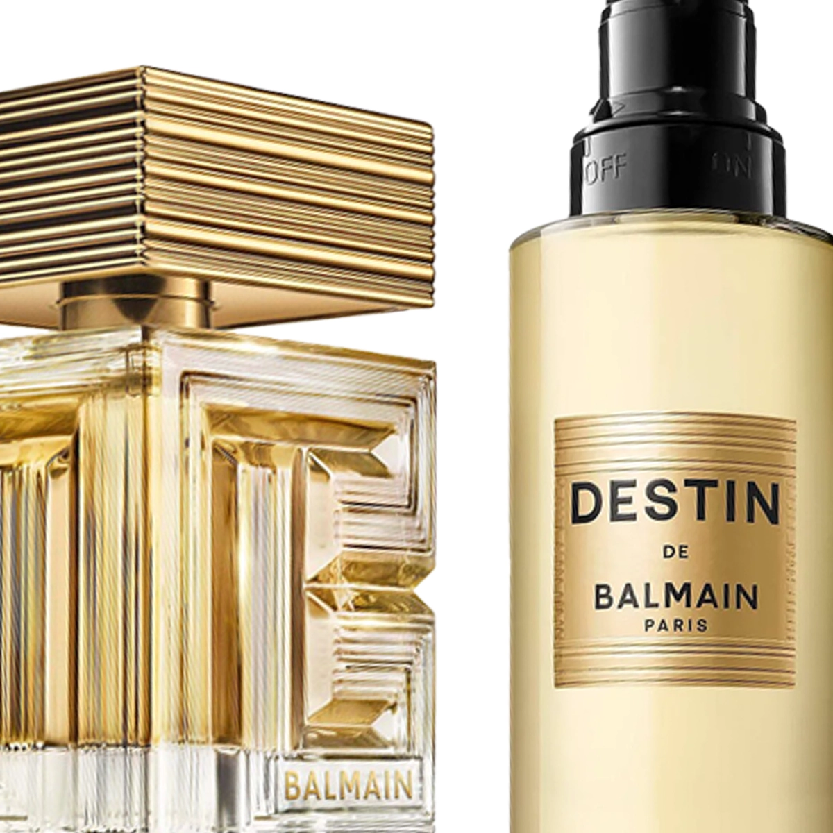 Tre parfymflaskor från Balmain, inklusive DESTIN DE BALMAIN PARIS, i guldfärgad design med dekorativa detaljer och transparent glas. Fokus på lyxig parfym, glasflaskor och guldfinish mot ljus bakgrund.