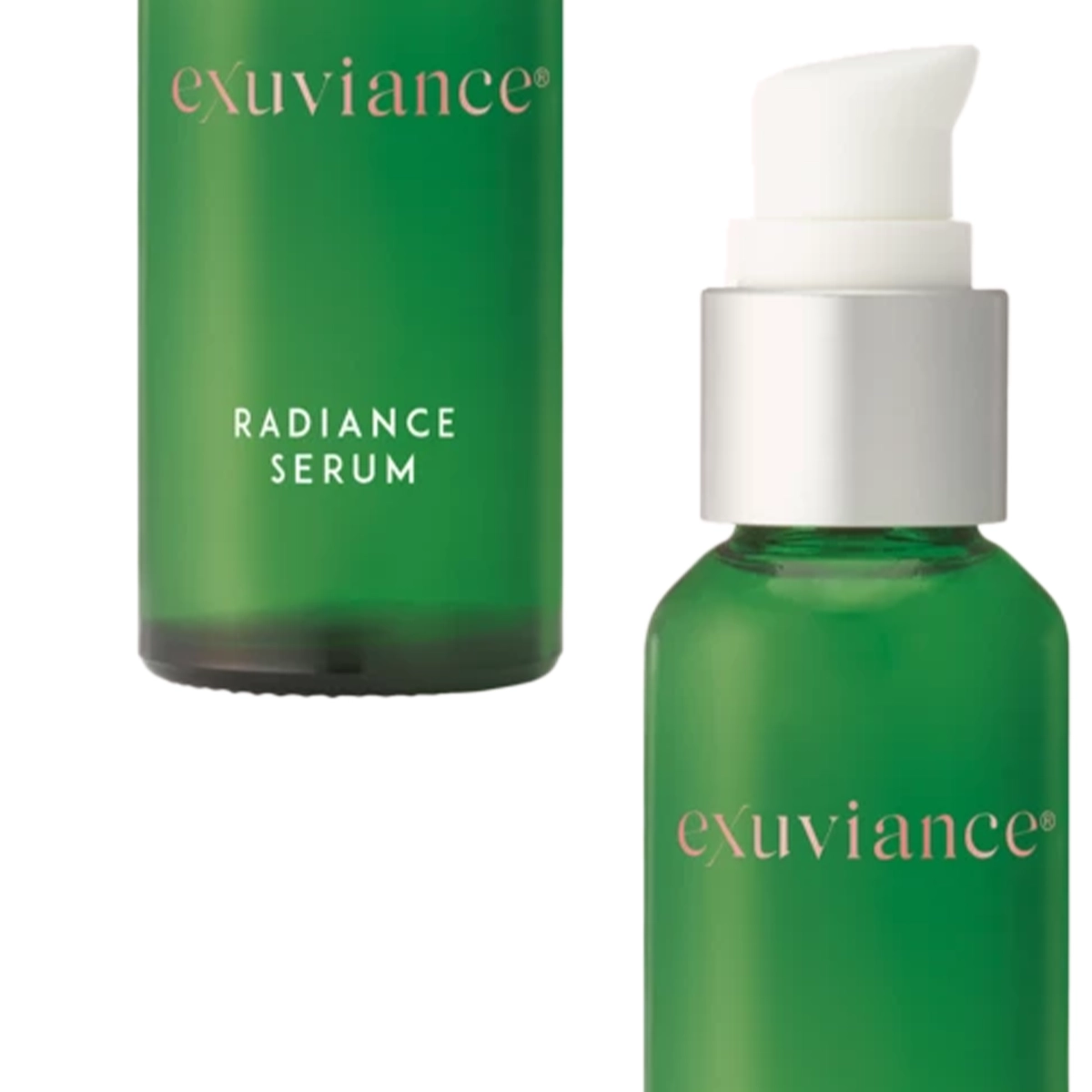 To grønne flasker mot en hvit bakgrunn som inneholder Exuviance Radiance serum