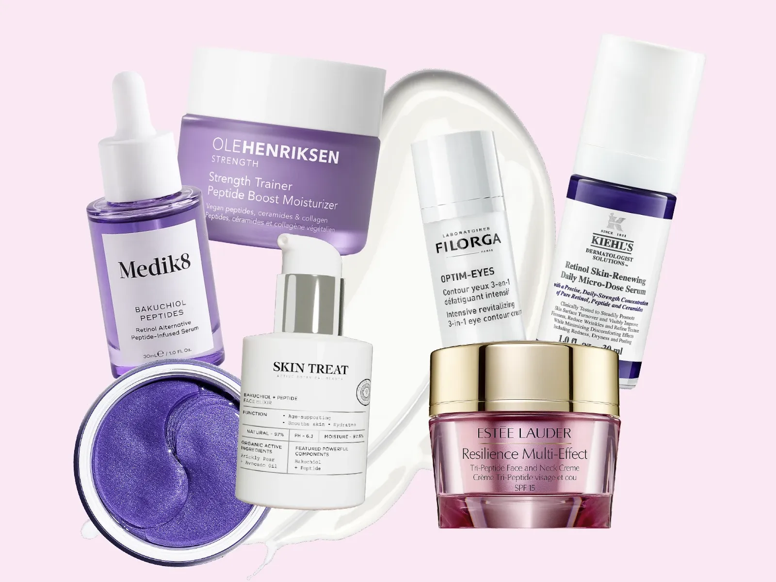 Ulike hudpleieprodukter med peptider fra merker som Medik8, Ole Henriksen, Filorga, Kiehl’s, Skin Treat og Estée Lauder