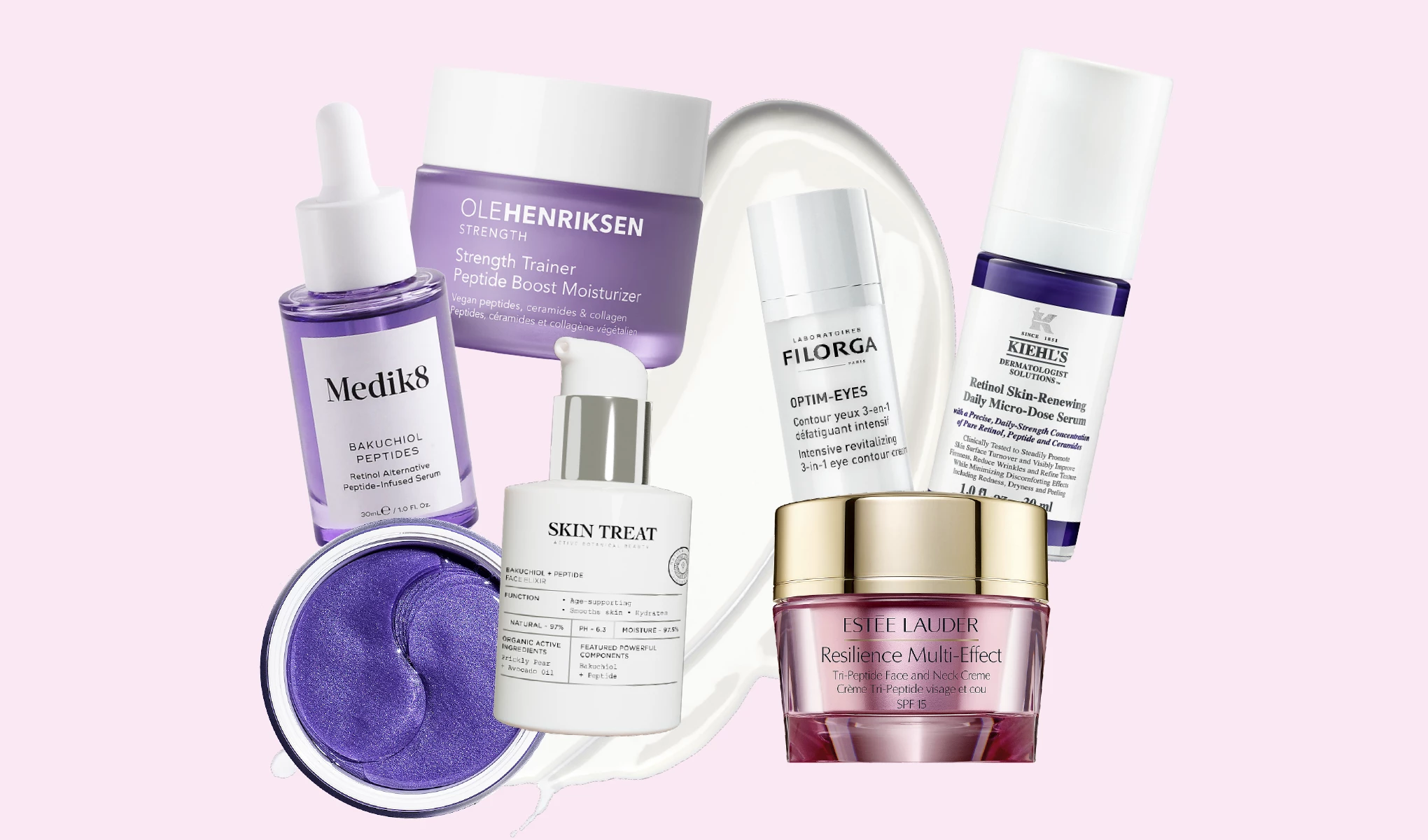 Olika hudvårdsprodukter med peptider från varumärken som Medik8, Ole Henriksen, Filorga, Kiehl’s, Skin Treat och Estée Lauder