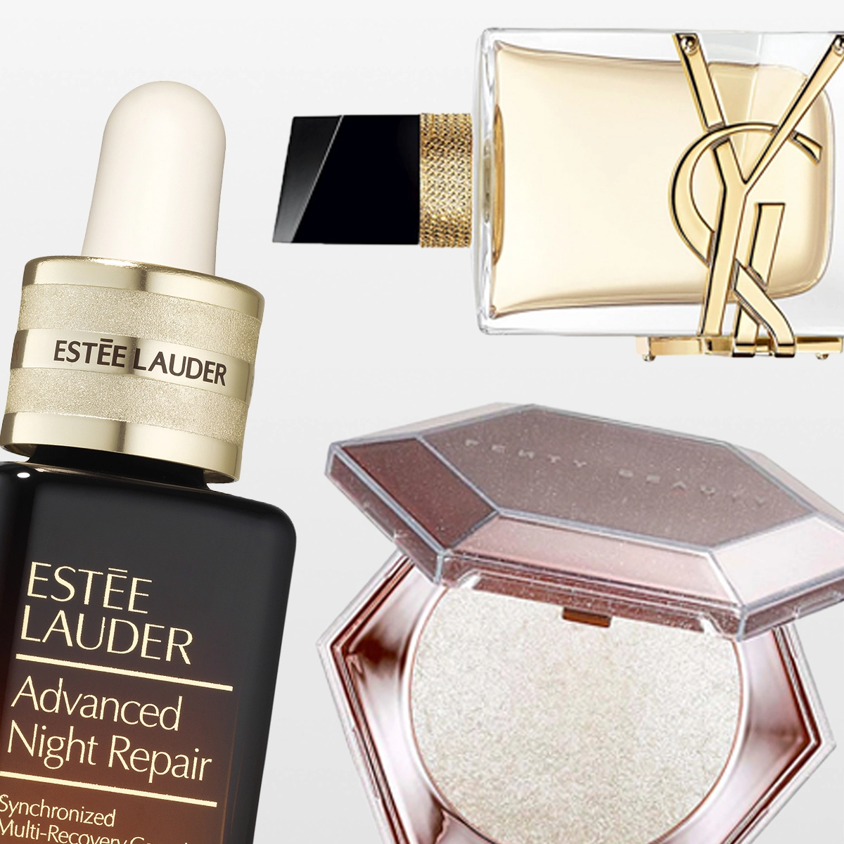 Estée Lauder Advanced Night Repair serum med pipettflaska visas tillsammans med en YSL-parfymflaska med guldfärgad YSL-logotyp och en öppen Fenty Beauty highlighter i skimrande nyans.