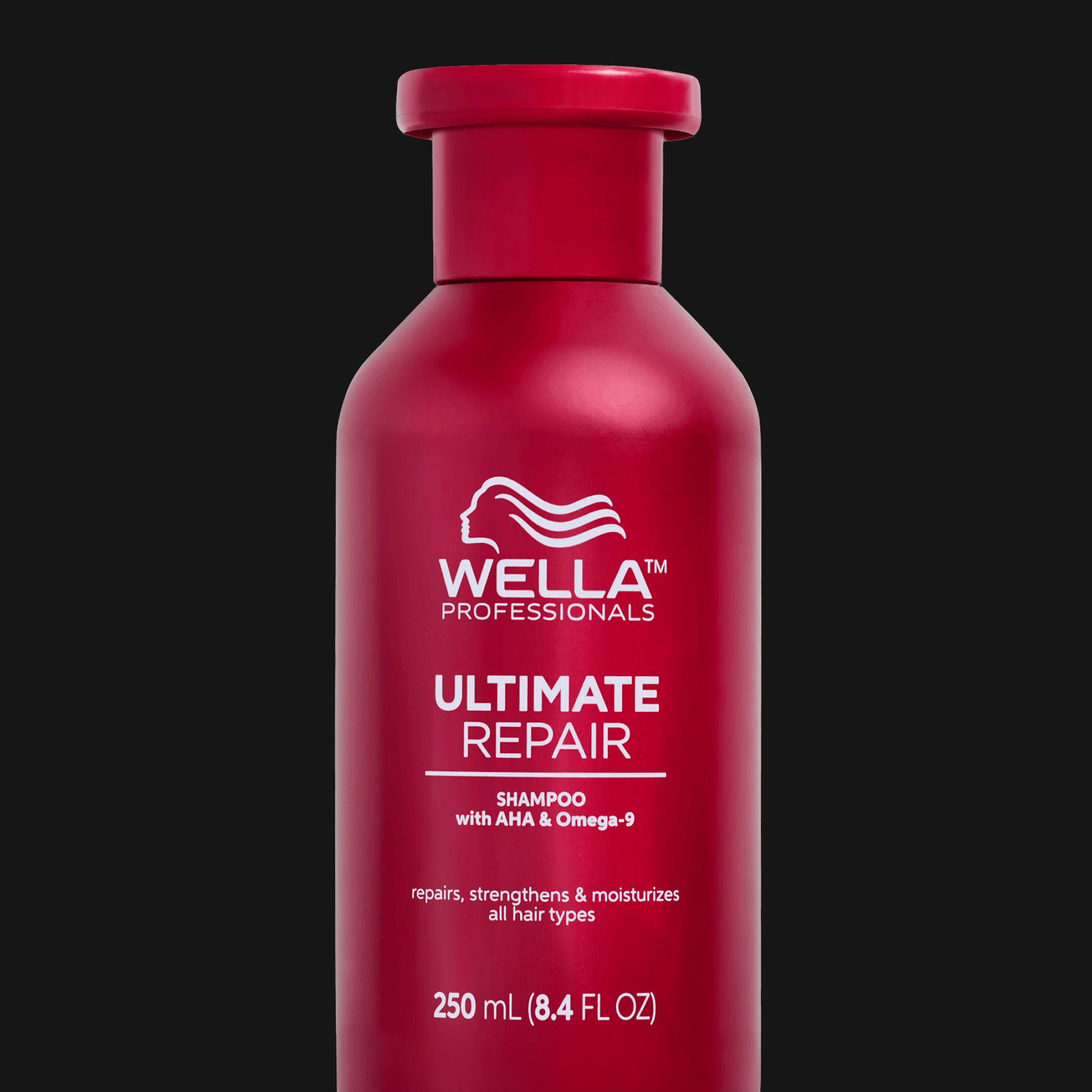 Wella Professionals Ultimate Repair Shampoo med texten "with AHA & Omega-9" och "250 ml (8.4 FL OZ)" på röd flaska för hårvård.