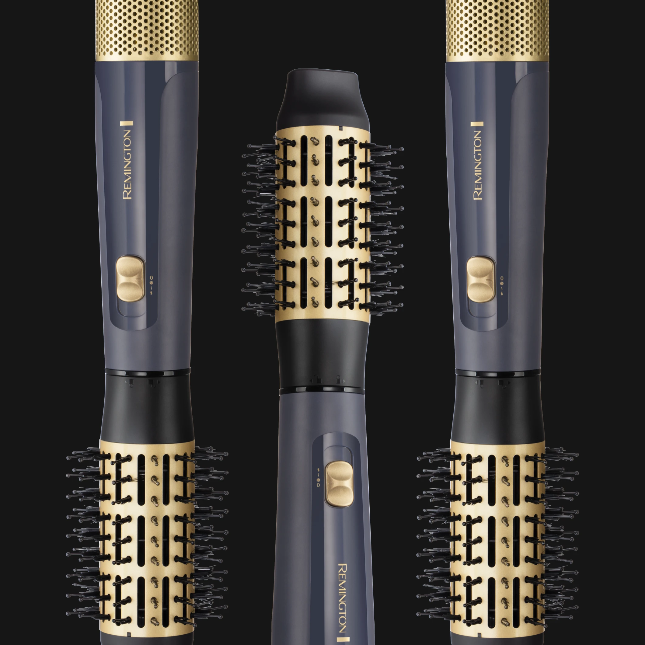 Remington varmluftsbørste i mørk blå og gullfarget design med rund børste og bust mot svart bakgrunn.