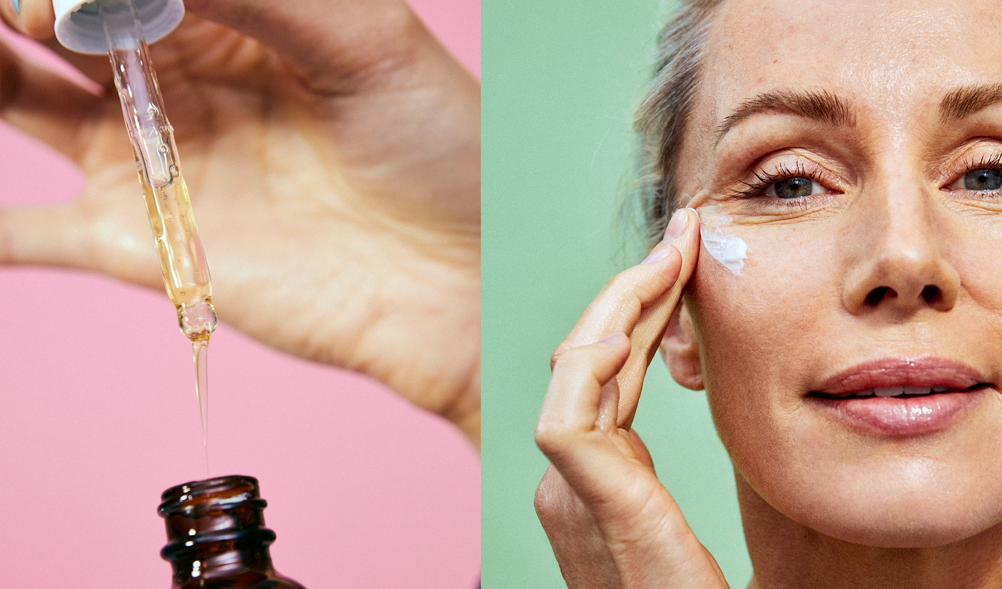 En bild på en olja som droppar ner i sin flaska mot en rosa bakgrund, intill en bild på en kvinna som applicerar hudkräm i ansiktet mot en grön bakgrund.