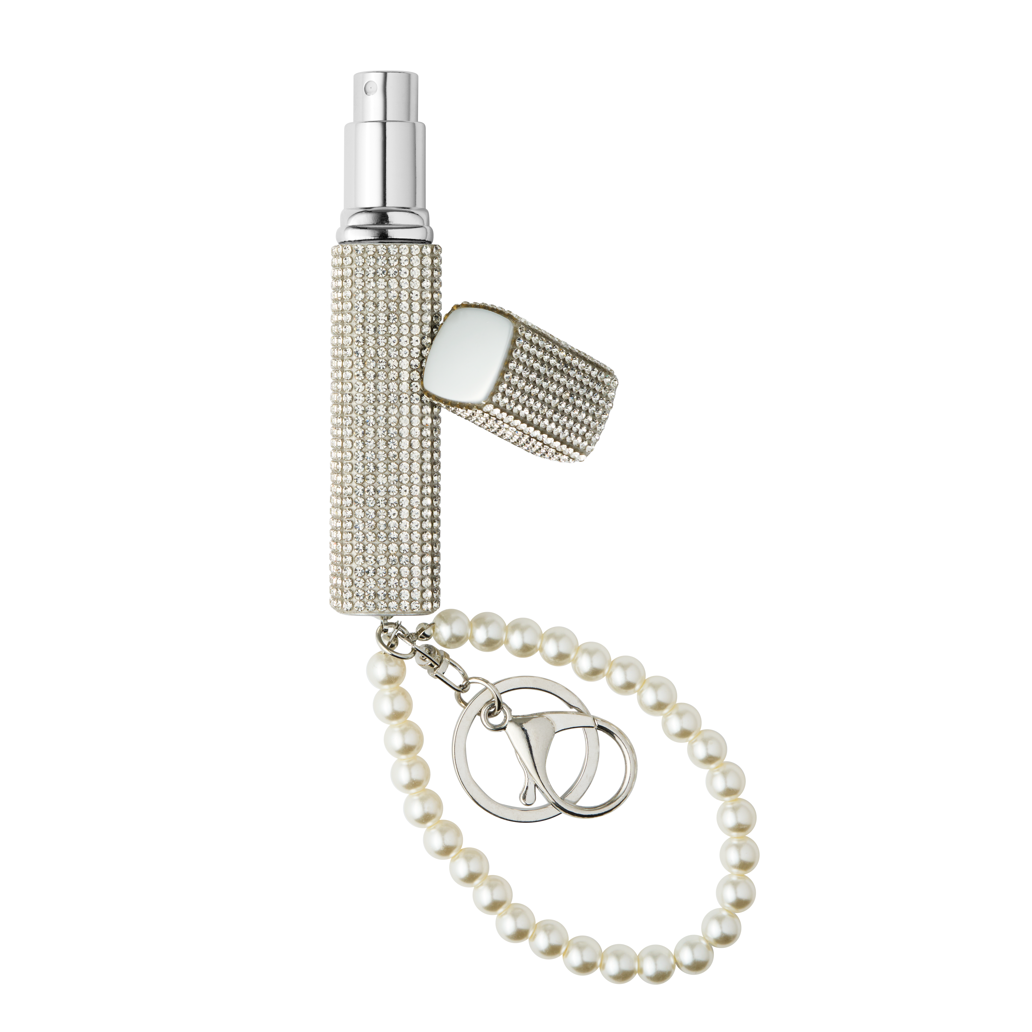 Parfymatomizer med strass, avtagbart lock och hänge med pärlor och karbinhake.