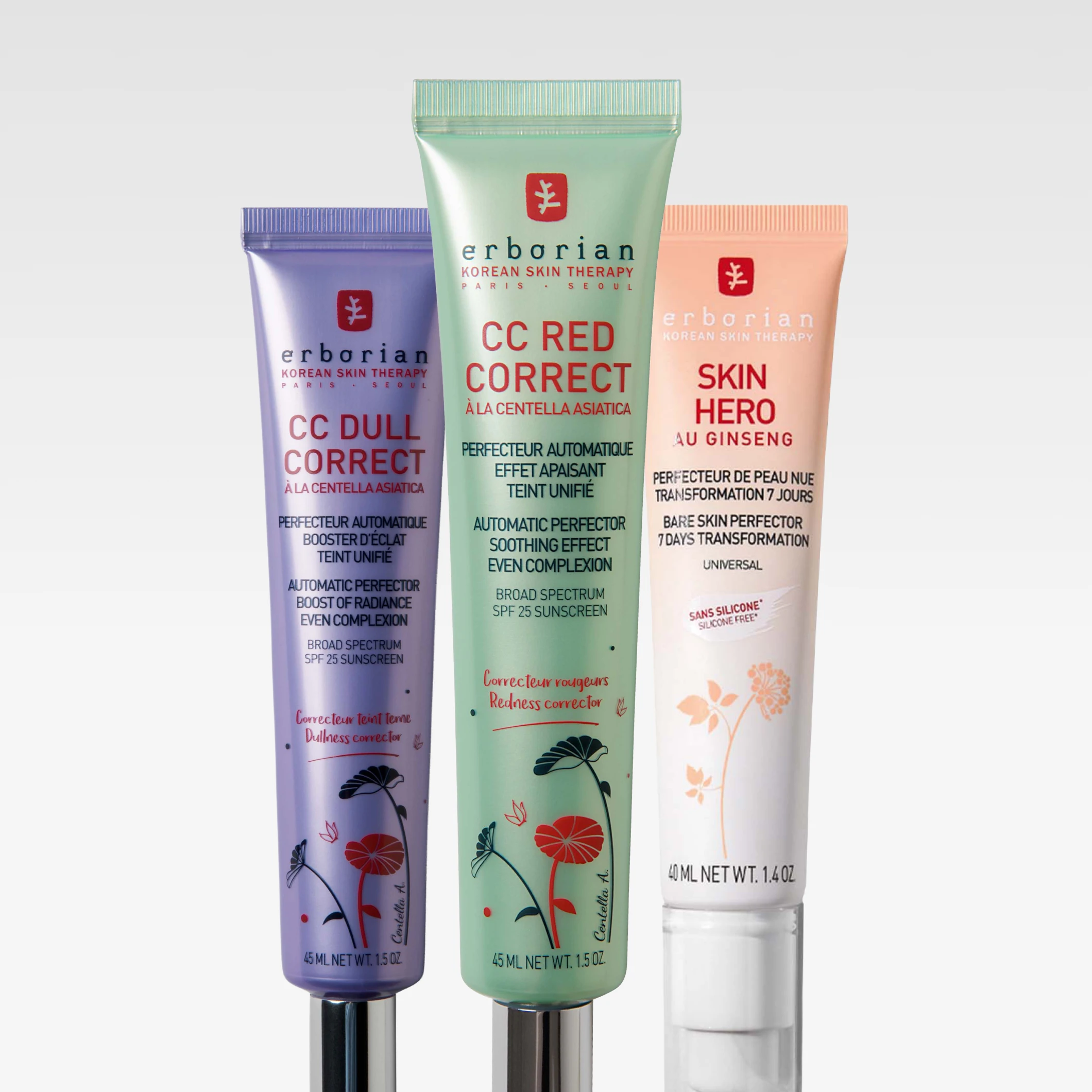 Kolme Erborian-ihonhoitotuotetta tuubeissa: “CC Dull Correct”, “CC Red Correct” ja “Skin Hero”. Pakkauksissa näkyvät tekstit “Korean Skin Therapy”, “Automatic Perfector”, “Redness corrector”, “Broad Spectrum SPF 25 Sunscreen” ja “40 ML NET WT. 1.40 OZ”.