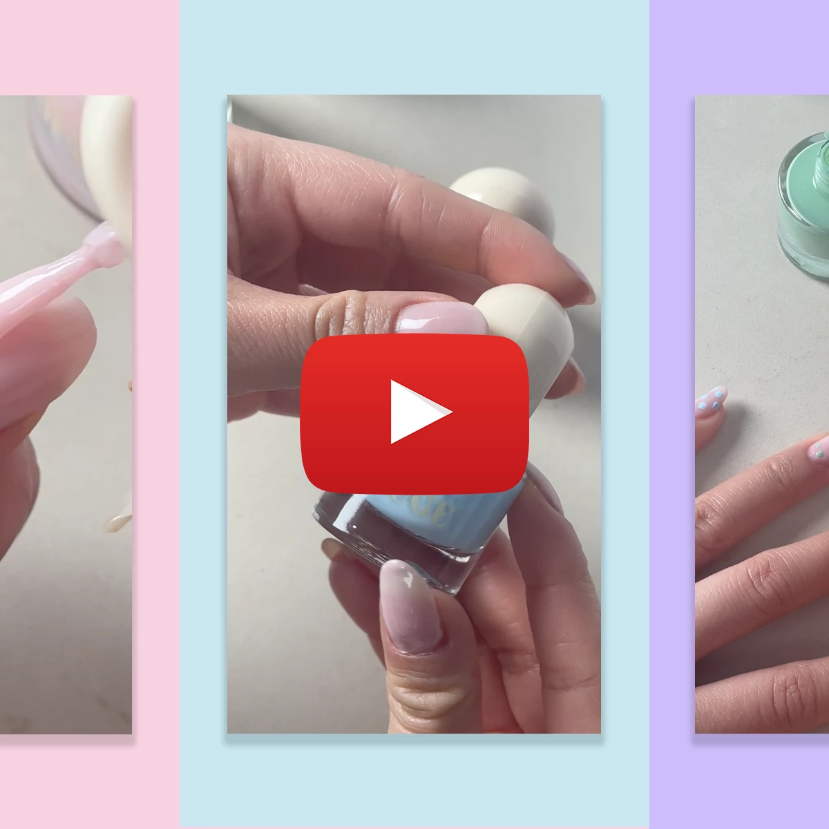 En person applicerar nagellack i olika färger på sina naglar. Ett Youtube play-tecken är placerat i mitten av bilden.