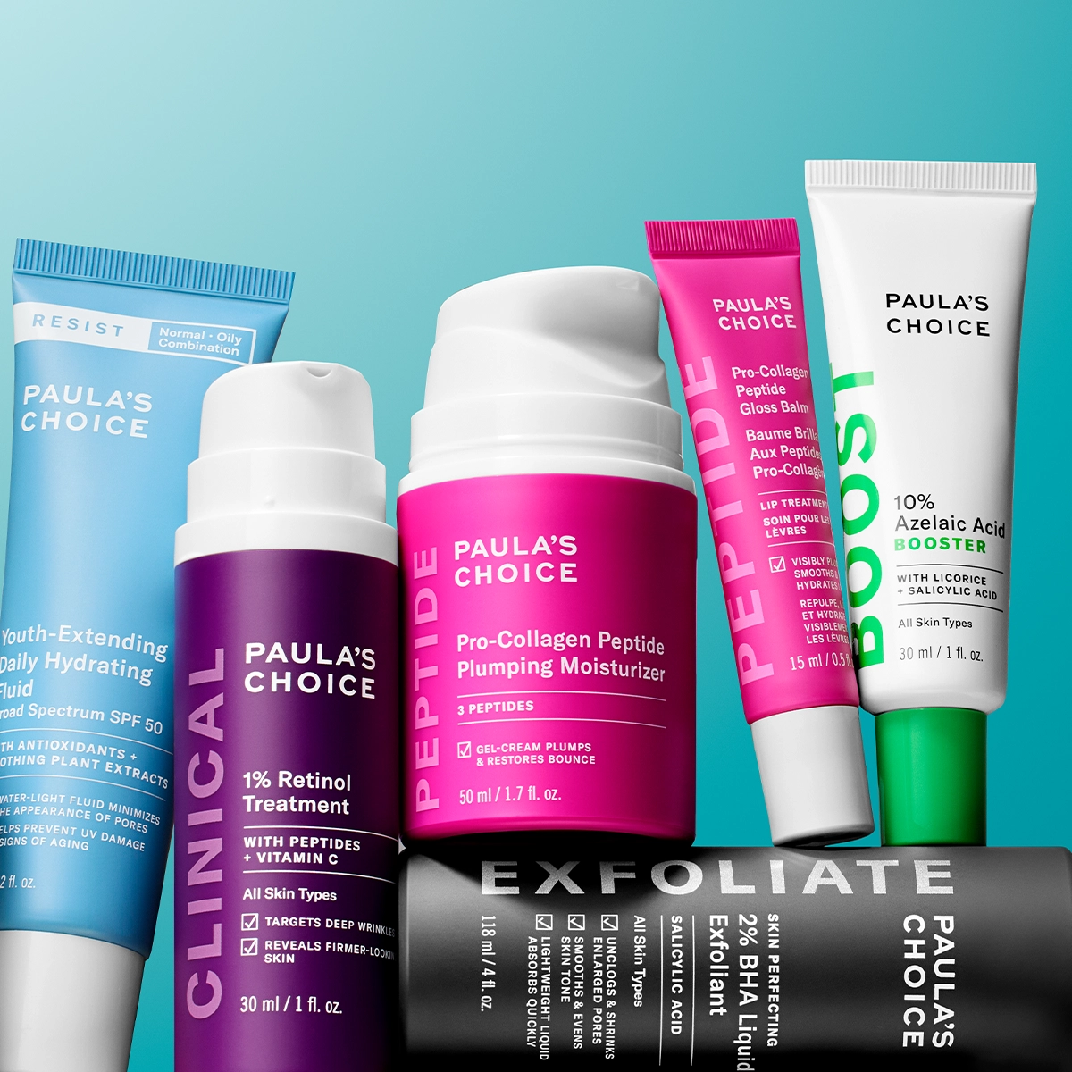 En samling av Paula's Choice hudvårdsprodukter, inklusive serum, fuktkräm och exfolierande behandlingar.