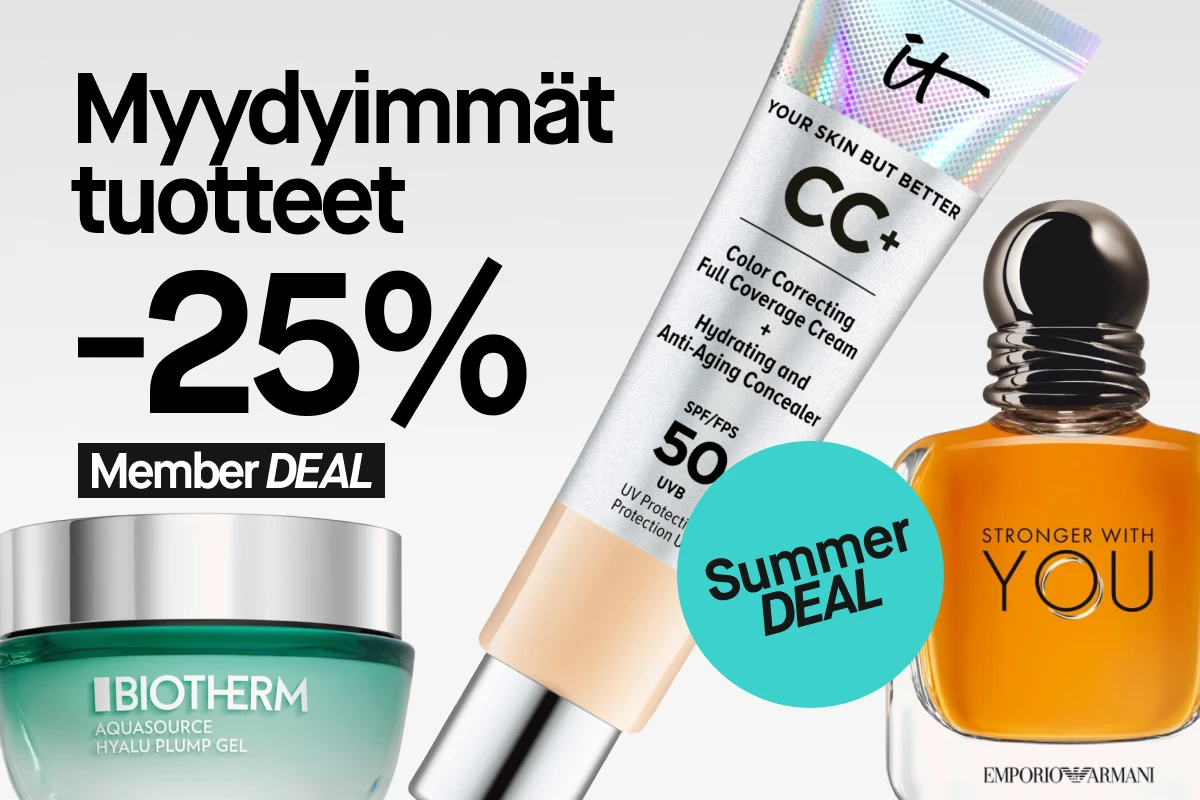 'Myydyimmät tuotteet -25% Member DEAL' -teksti harmaata taustaa vasten. Kuvassa näkyy Biothermin Aquasource Hyalu Plump Gel, IT Cosmeticsin CC+ Color Correcting Full Coverage Cream ja Emporio Armanin Stronger With You -hajuvesi. Lisäksi kuvassa on 'Summer DEAL' -merkki."