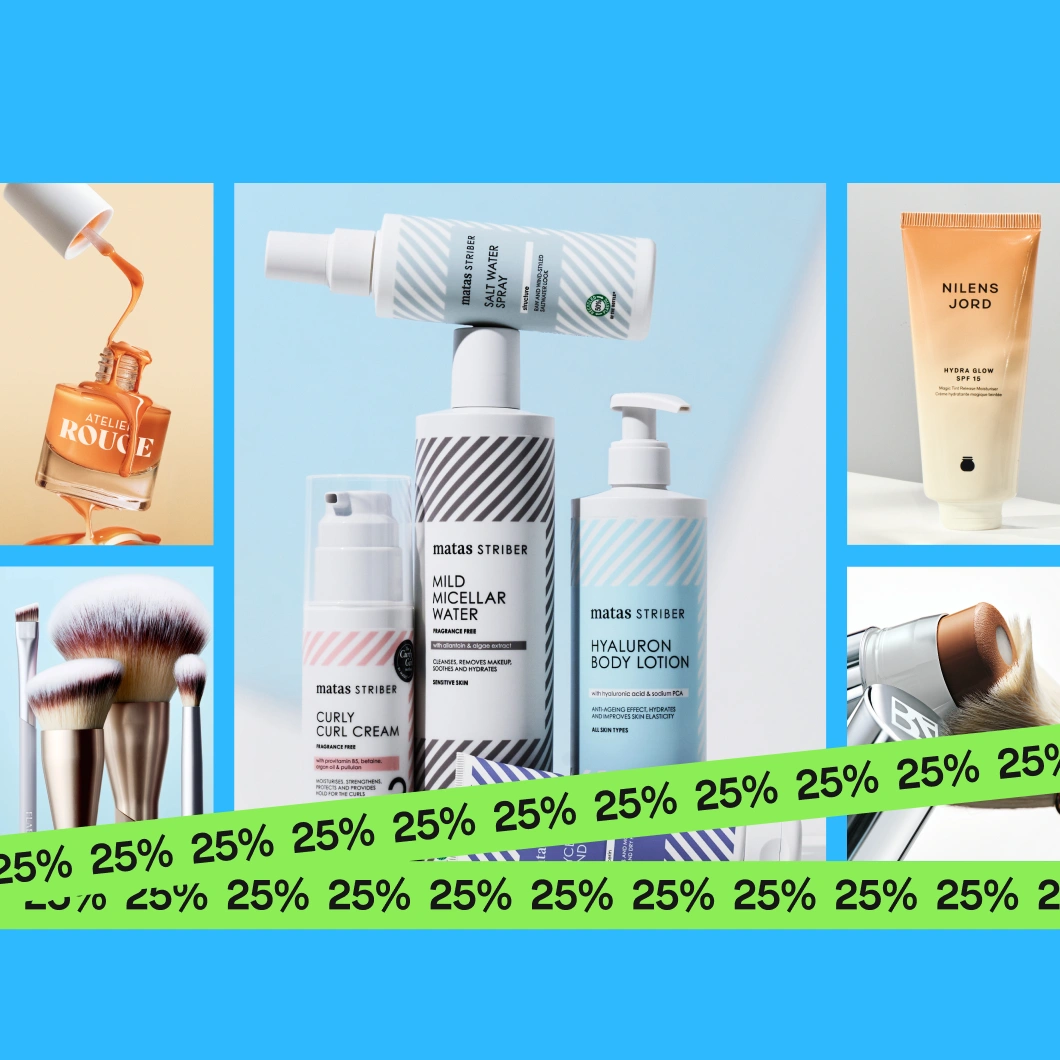 Kampanjebilde med teksten “Prisvärd beauty 25%” og en grønn sirkel med “Pre-summer DEALS”, som viser flere produkter som sminkekoster, hudpleie fra Matas Striber og “Nilens Jord Hydra Glow SPF 15”, samt en grønn banner med gjentatt “25%”.