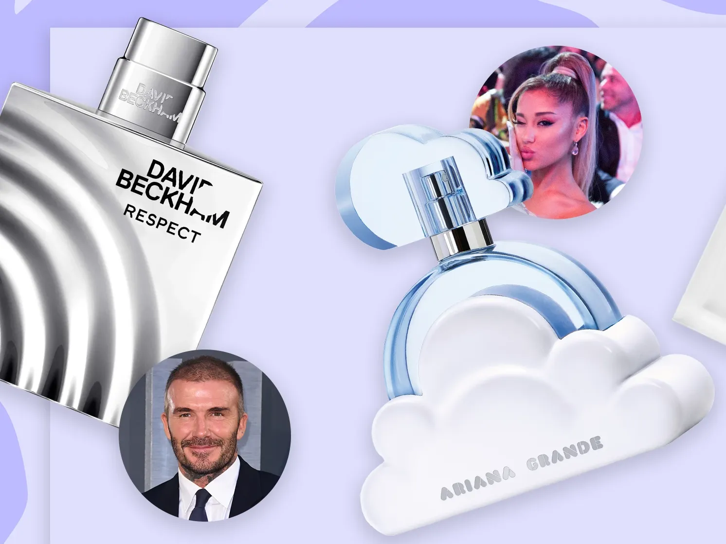 Två kändisparfymer – David Beckhams "Respect" och Ariana Grandes "Cloud" med bilder på respektive kändis.