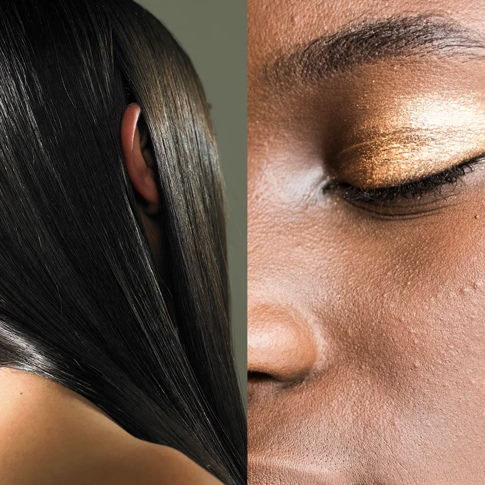 Tre bilder på kvinnor med smink och stylat hår, mot blå och grön bakgrund.