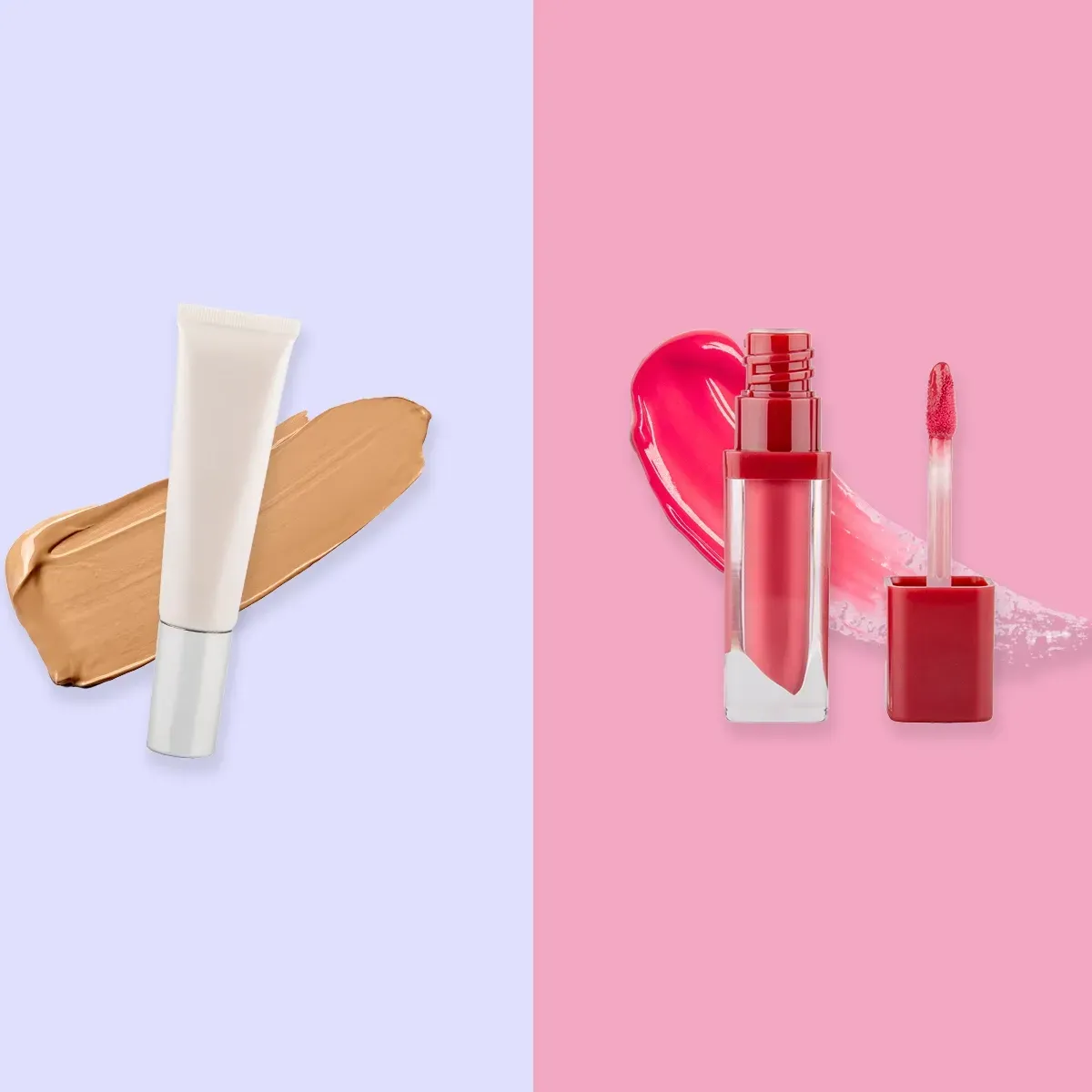 Foundation i tub med beige nyans på ljuslila bakgrund och flytande läppfärg i rosa nyans med applikator på rosa bakgrund.