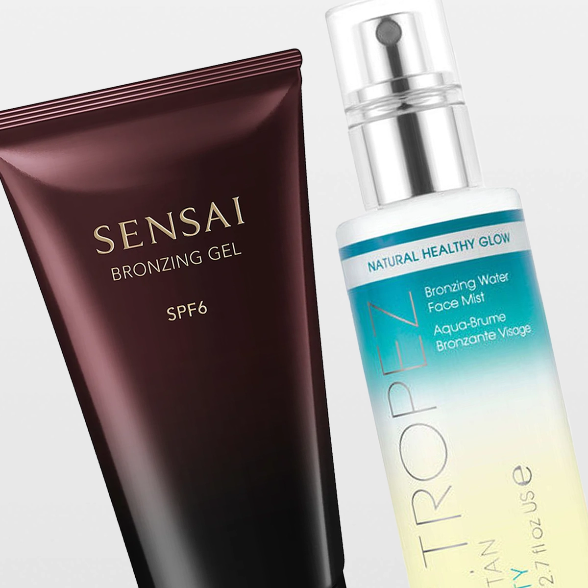 SENSAI Bronzing Gel SPF6 ja St.Tropez Self Tan Purity Bronzing Water Face Mist vaaleanharmaata taustaa vasten. Pullossa näkyvät tekstit ”Natural Healthy Glow”, ”Bronzing Water Face Mist” ja ”Self Tan Purity”; tuotteet on tarkoitettu itseruskettamiseen ja luonnollisen hehkun luomiseen.