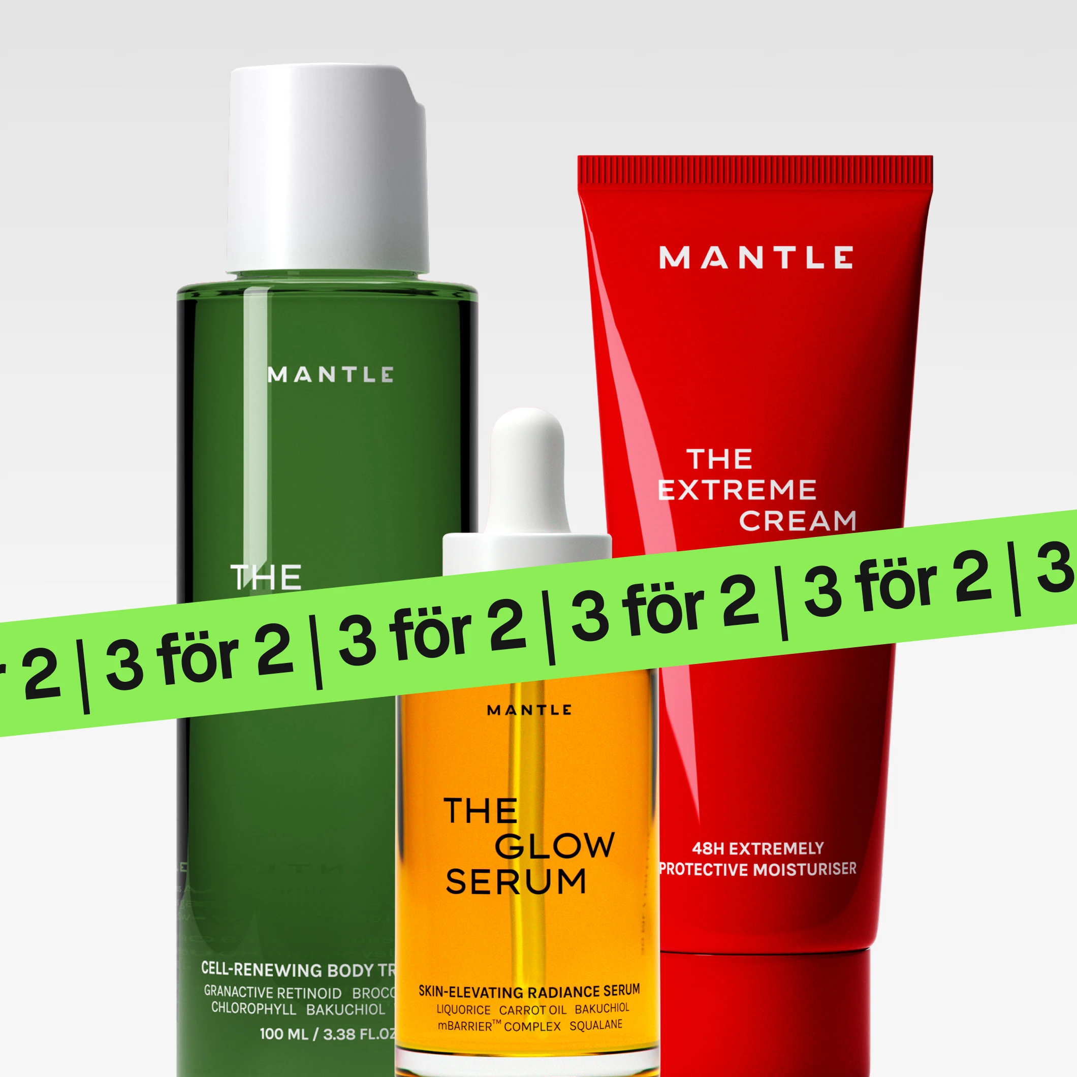 Lähikuva Mantle-ihonhoitotuotteista: “The Glow Serum”, “The Extreme Cream 48h Extremely Protective Moisturiser” ja “Cell-Renewing Body Treatment”, vihreä “3 för 2” -banneri kuvan päällä.