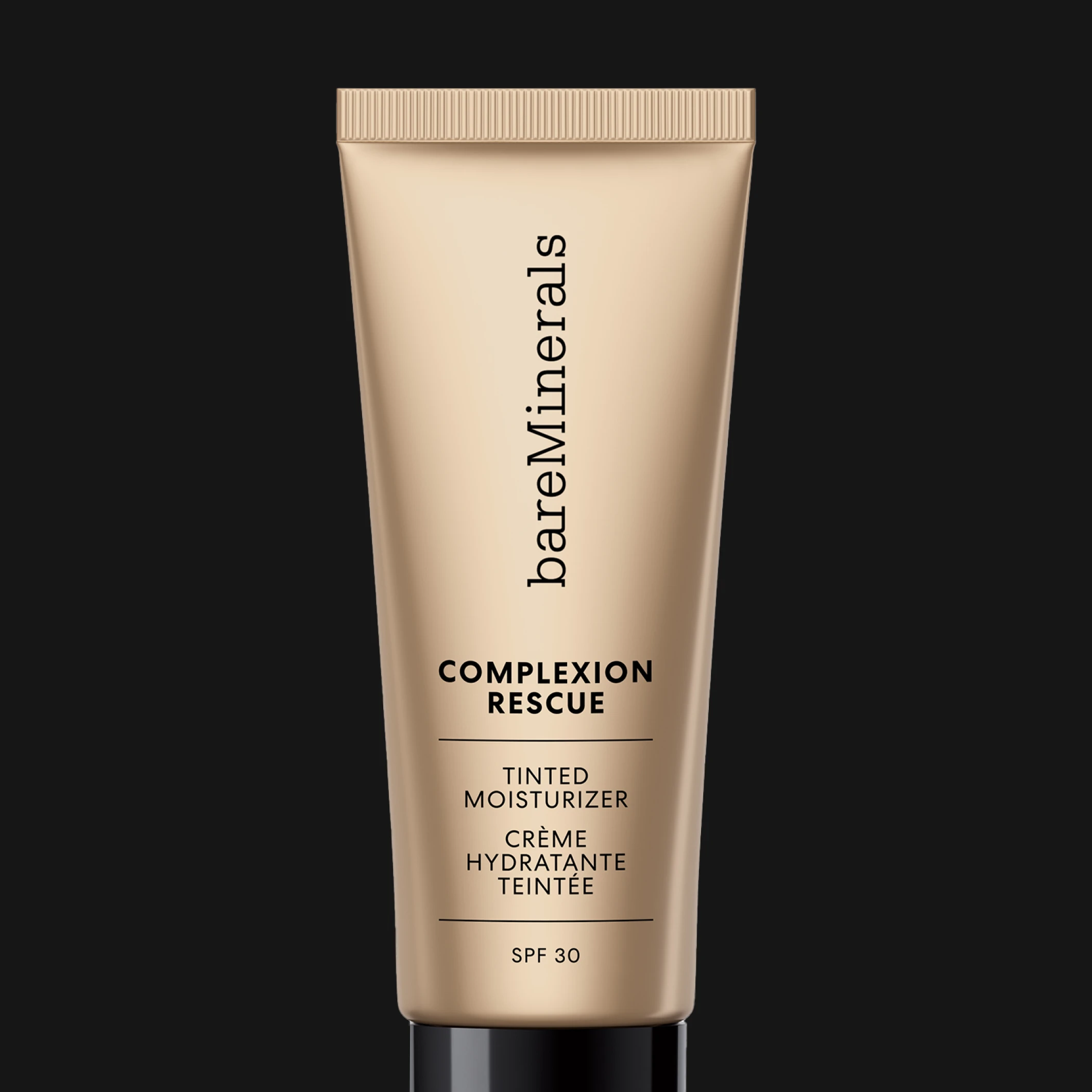 Tuubi bareMinerals Complexion Rescue Tinted Moisturizer -sävyttävää kosteusvoidetta SPF 30 mustaa taustaa vasten. Pakkauksessa näkyy tekstit “bareMinerals”, “COMPLEXION RESCUE”, “TINTED MOISTURIZER”, “CRÈME HYDRATANTE TEINTÉE” ja “SPF 30”.